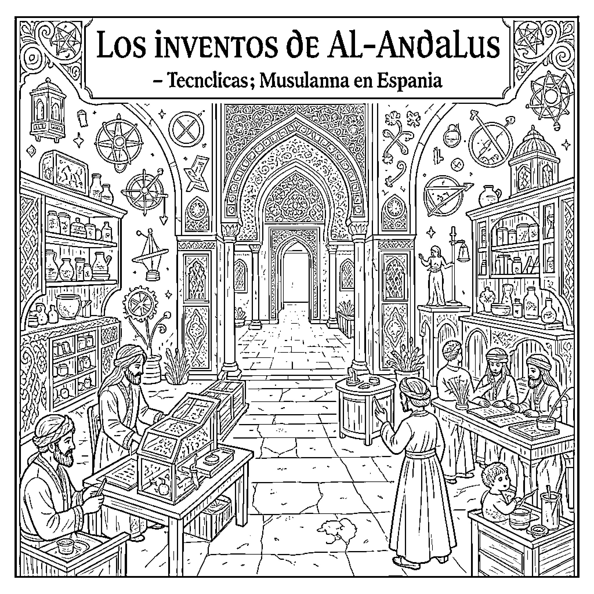 Inventions of Al-Andalus: Workshops and Scholars in Spain Coloring Page (free black-and-white line drawing printable PDF for all, from beginners to advanced learners, including children, teens, adults, and seniors)