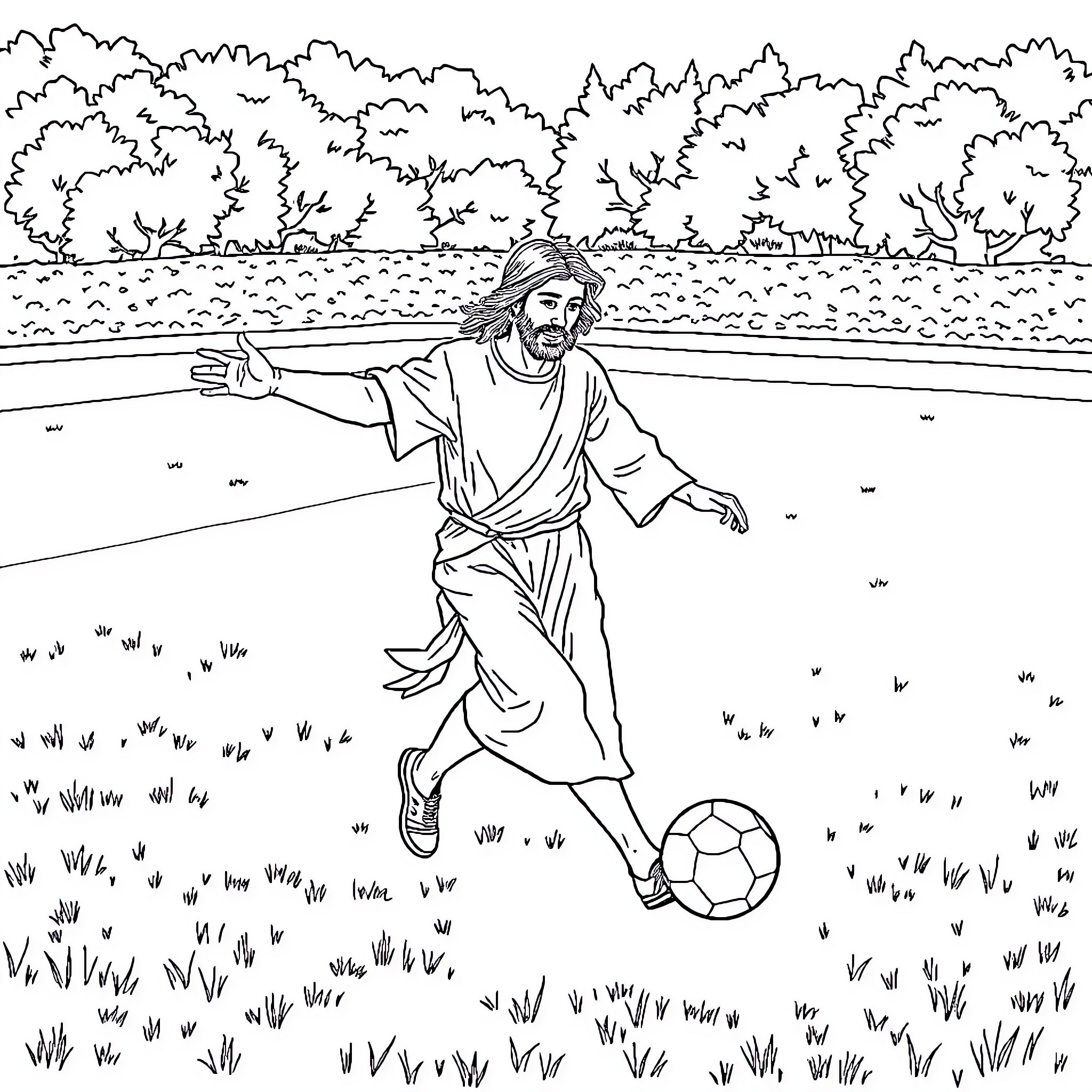 Jesucristo playing football in the countryside Coloring Page (free black-and-white line drawing printable PDF for all, from beginners to advanced learners, including children, teens, adults, and seniors)