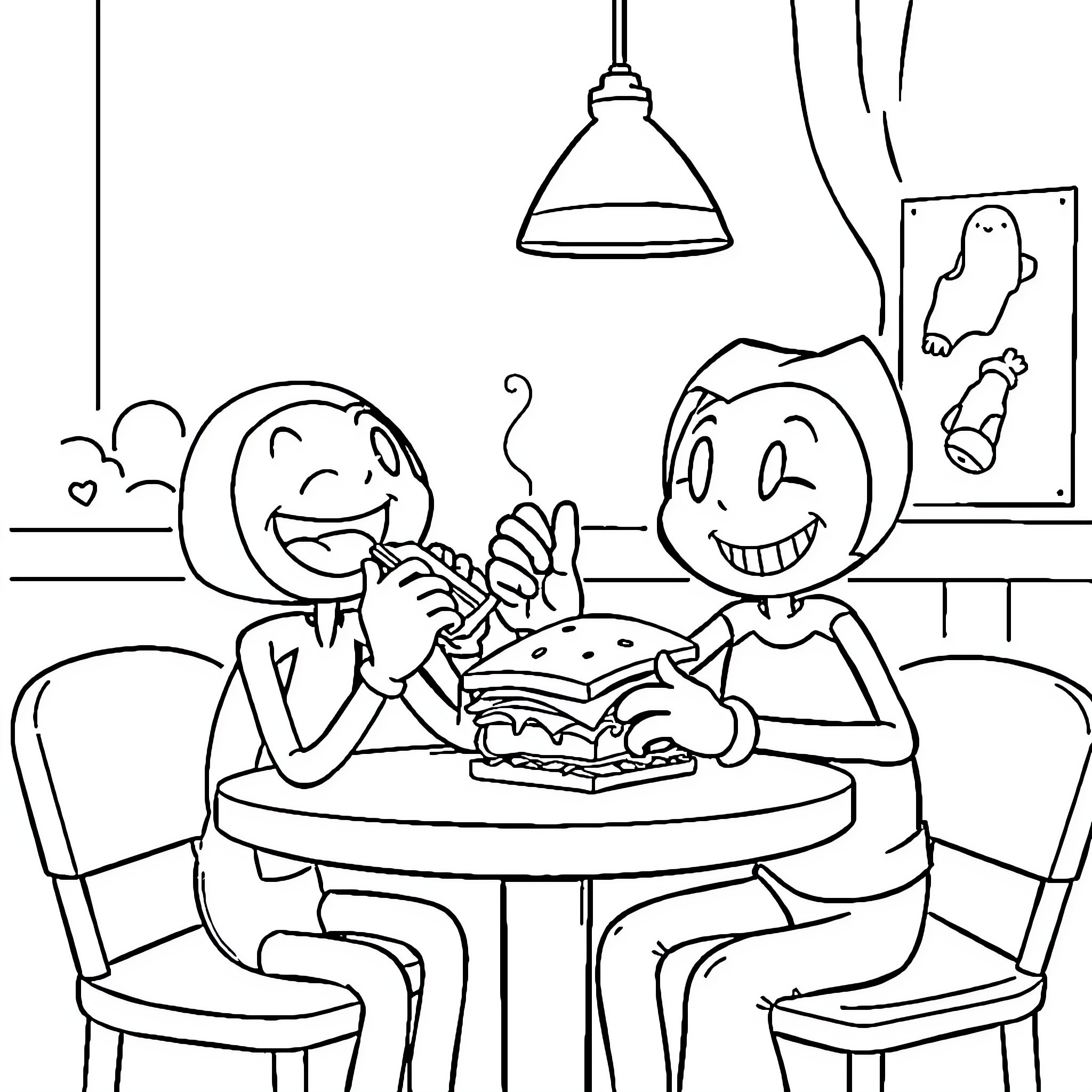 Bendy characters enjoying a tasty meal together Coloring Page (free black-and-white line drawing printable PDF for all, from beginners to advanced learners, including children, teens, adults, and seniors)