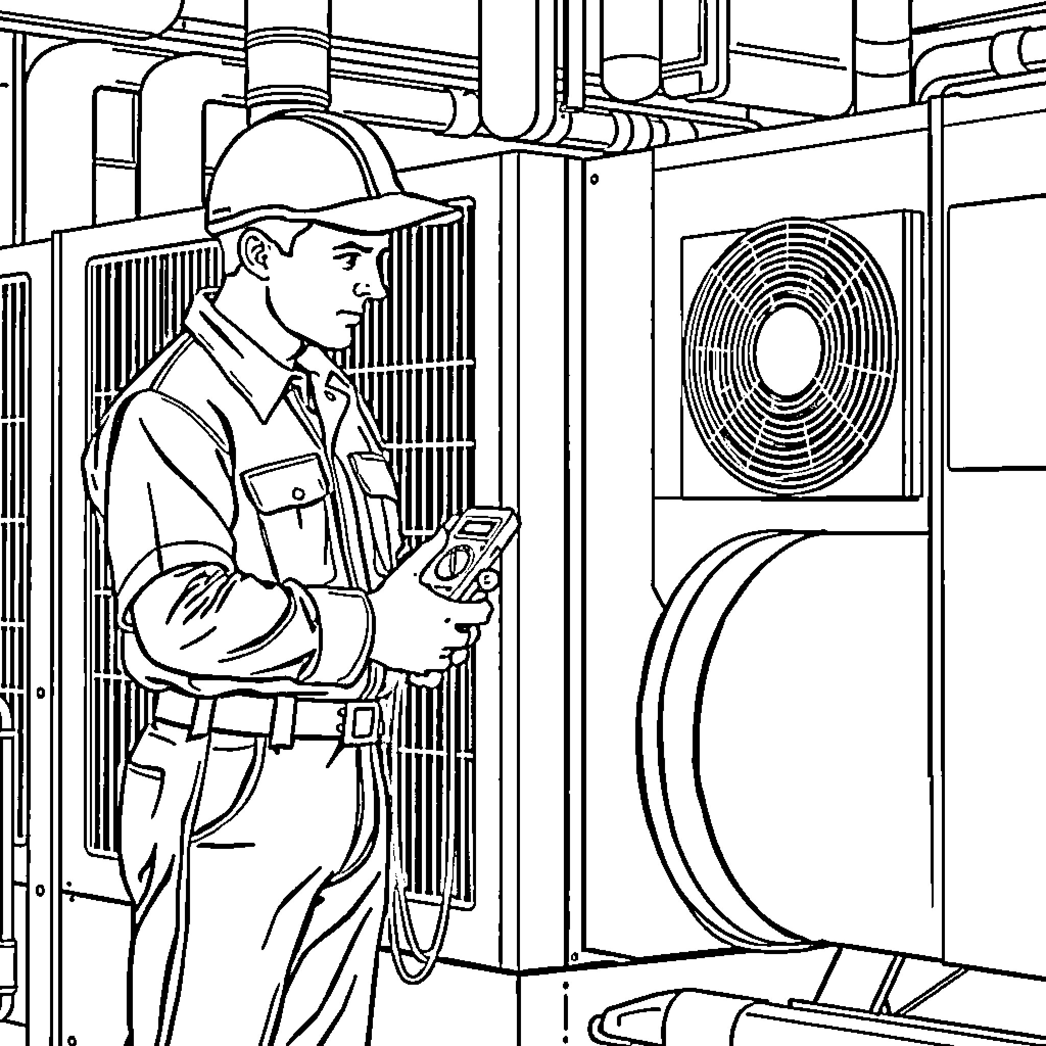 HVAC Technician Inspecting and Repairing Equipment Coloring Page (free black-and-white line drawing printable PDF for all, from beginners to advanced learners, including children, teens, adults, and seniors)