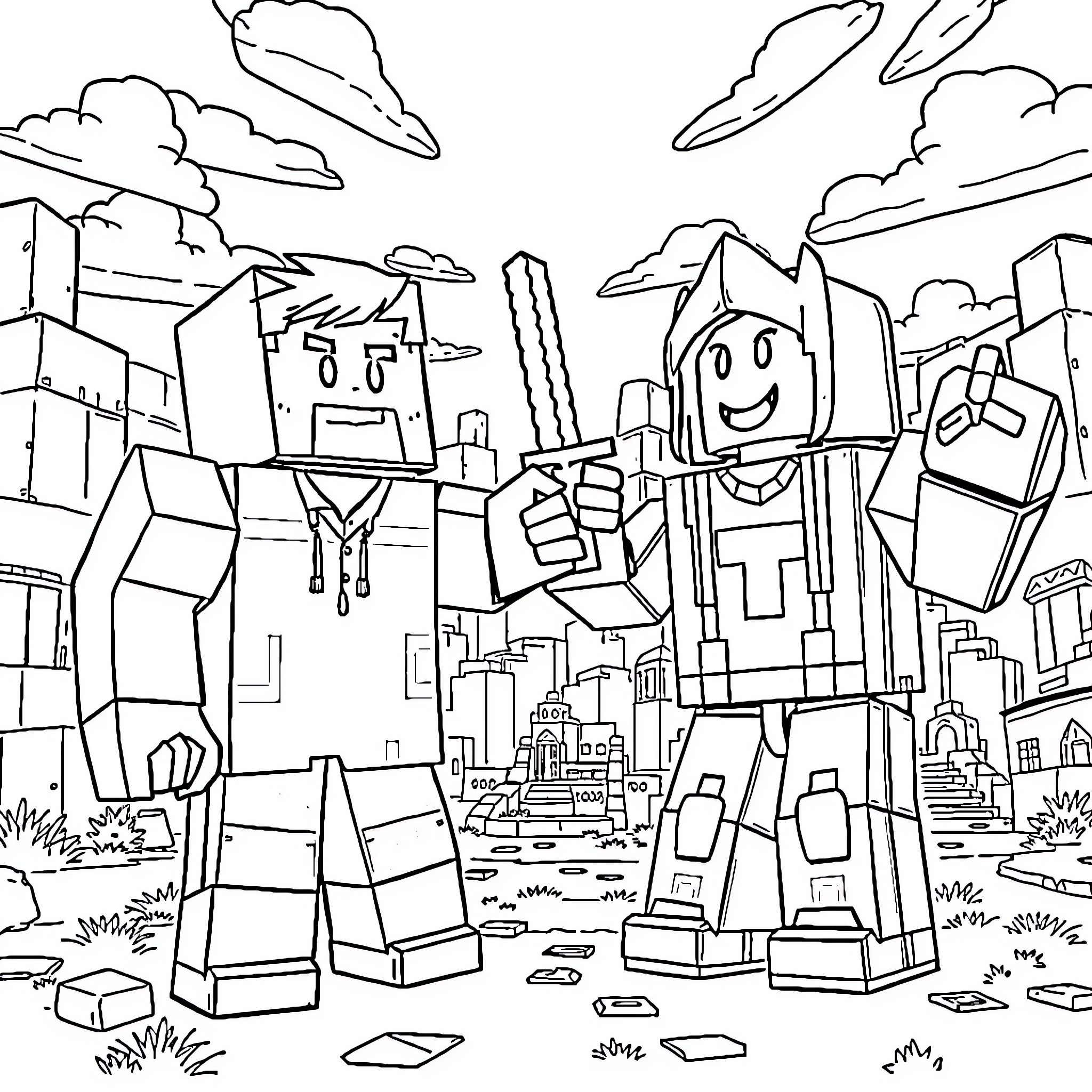 Minecraft characters exploring a futuristic city Coloring Page (free black-and-white line drawing printable PDF for all, from beginners to advanced learners, including children, teens, adults, and seniors)