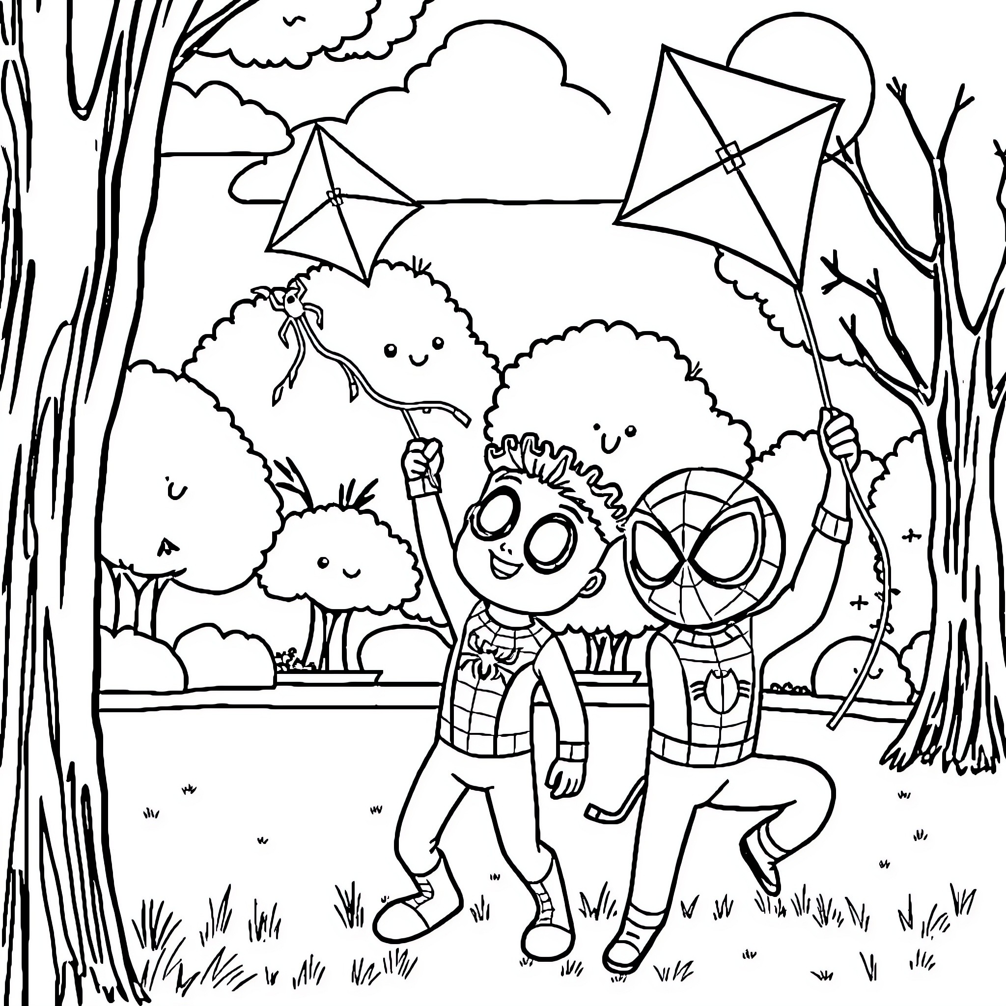 Duggee and friends enjoying outdoor adventures with kites Coloring Page (free black-and-white line drawing printable PDF for all, from beginners to advanced learners, including children, teens, adults, and seniors)