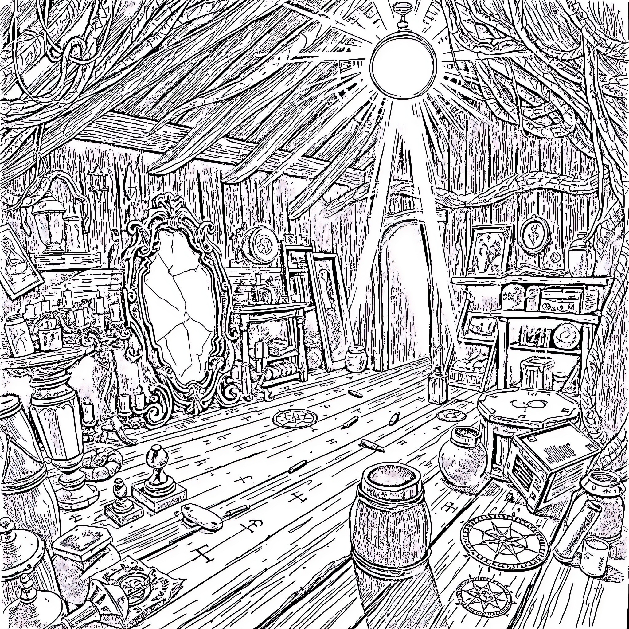 Mirror of Eclectic Curiosities in a Cozy Nook Coloring Page (free black-and-white line drawing printable PDF for all, from beginners to advanced learners, including children, teens, adults, and seniors)