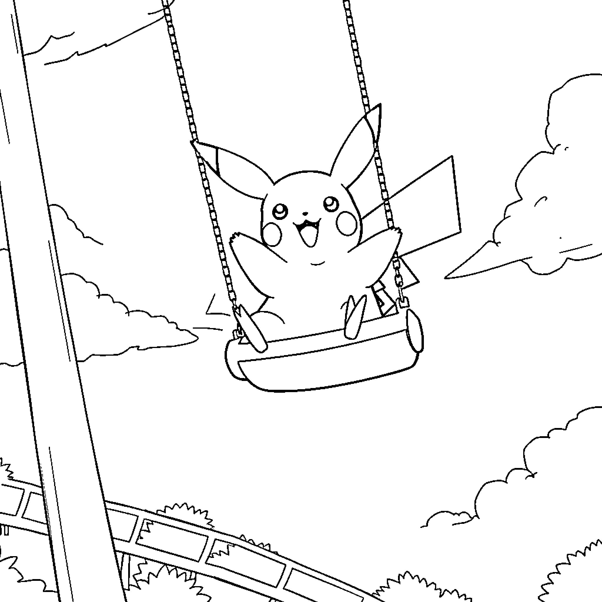 Pikachu swinging happily on a swing Coloring Page (free black-and-white line drawing printable PDF for all, from beginners to advanced learners, including children, teens, adults, and seniors)