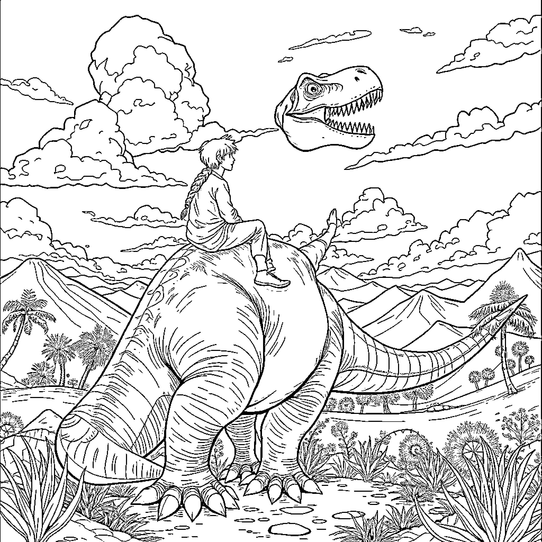 Dinosaur Rider Exploring the Prehistoric Landscape Coloring Page (free black-and-white line drawing printable PDF for all, from beginners to advanced learners, including children, teens, adults, and seniors)