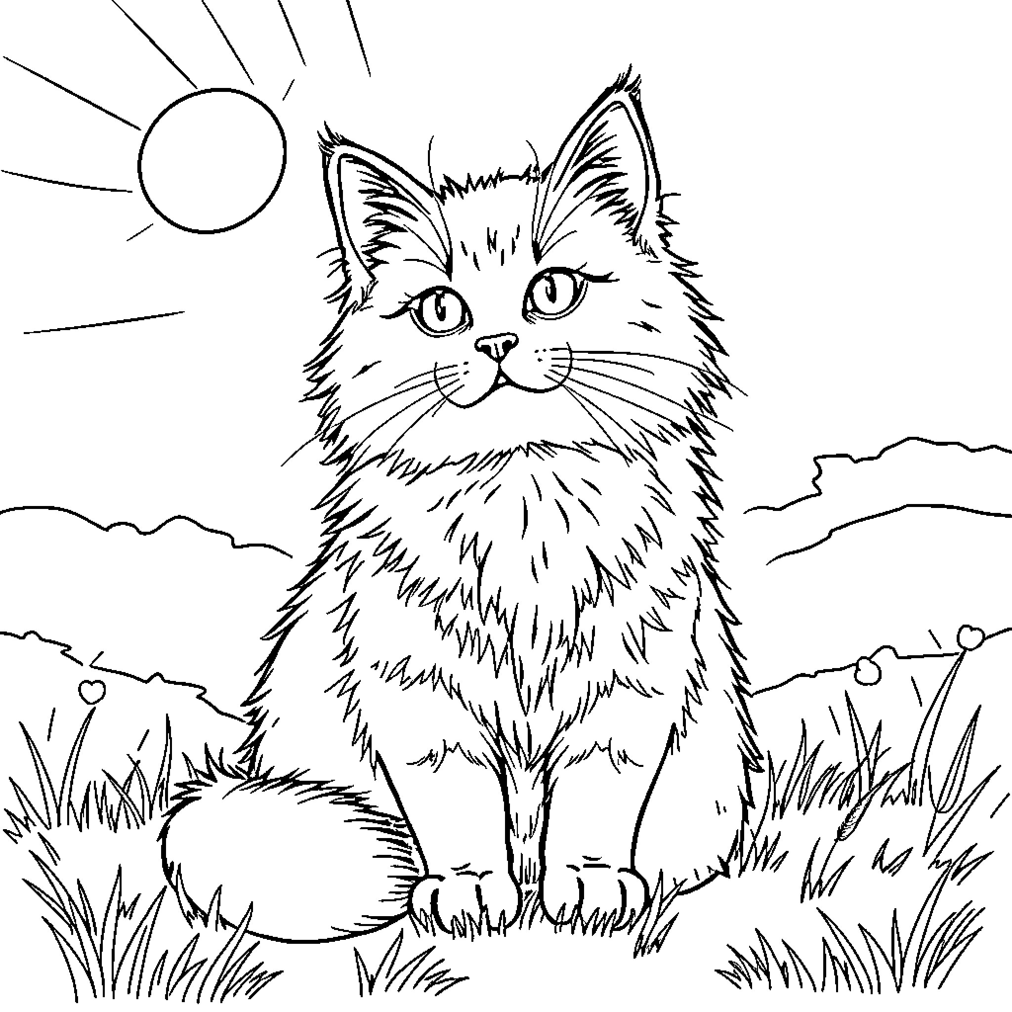 Cat in Sunlit Outdoor Scene Coloring Page (free black-and-white line drawing printable PDF for all, from beginners to advanced learners, including children, teens, adults, and seniors)