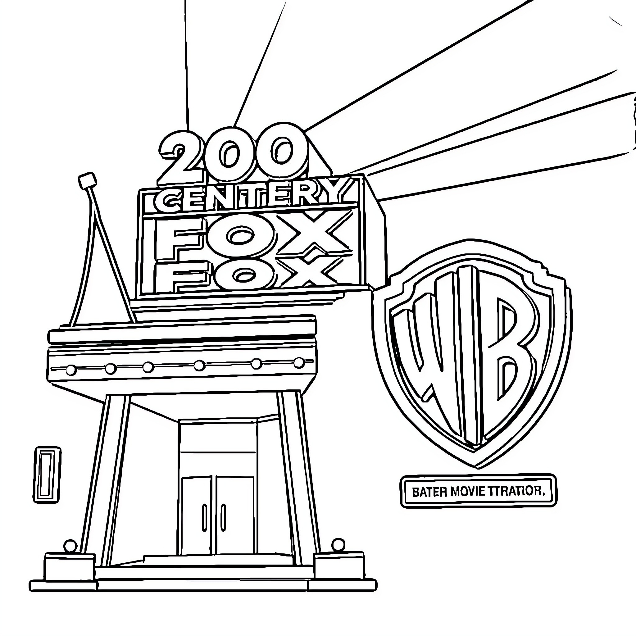 Logo of a 20th Century Fox studio with Warner Bros. watermark Coloring Page (free black-and-white line drawing printable PDF for all, from beginners to advanced learners, including children, teens, adults, and seniors)