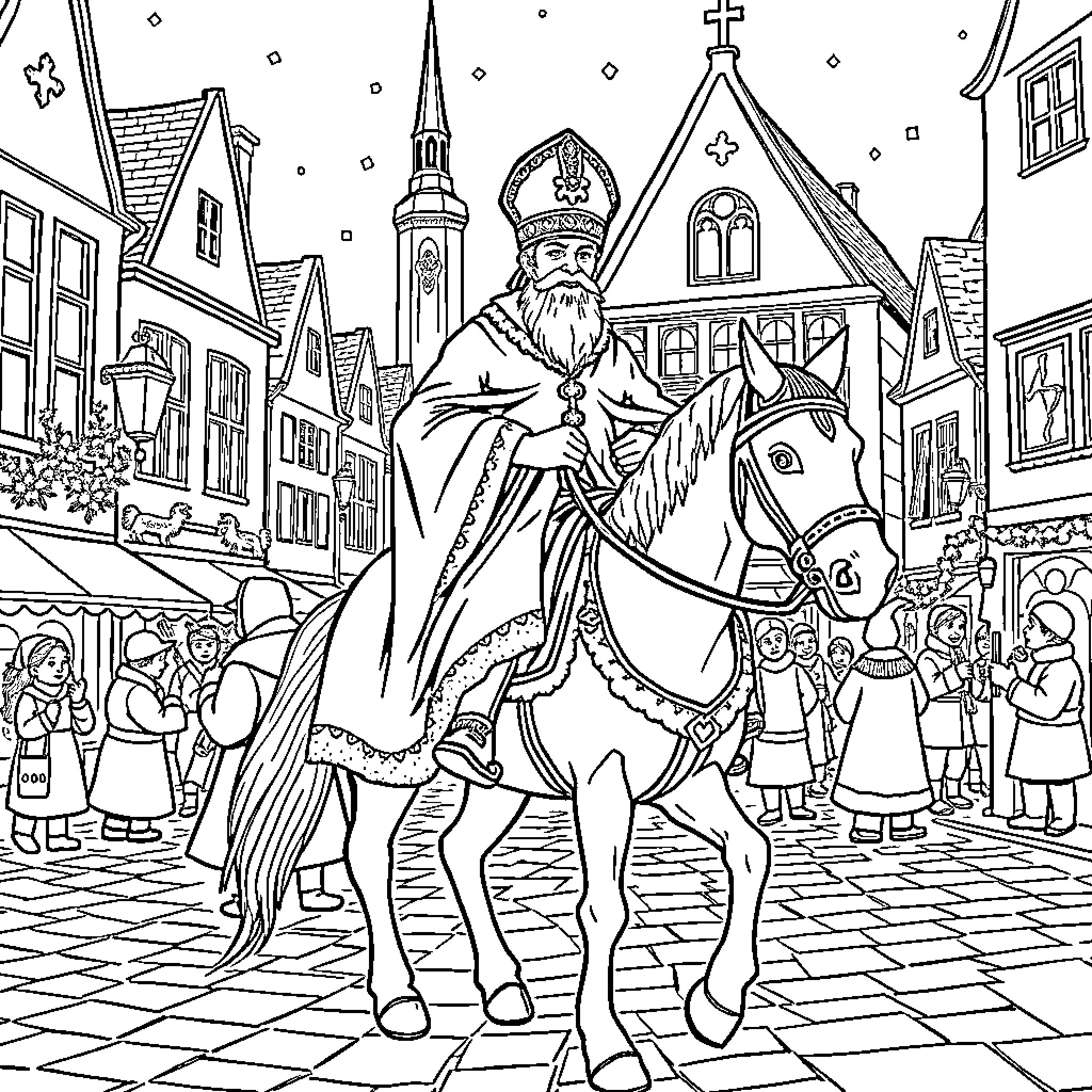 Sinterklaas Riding Through the Festive Town Coloring Page (free black-and-white line drawing printable PDF for all, from beginners to advanced learners, including children, teens, adults, and seniors)