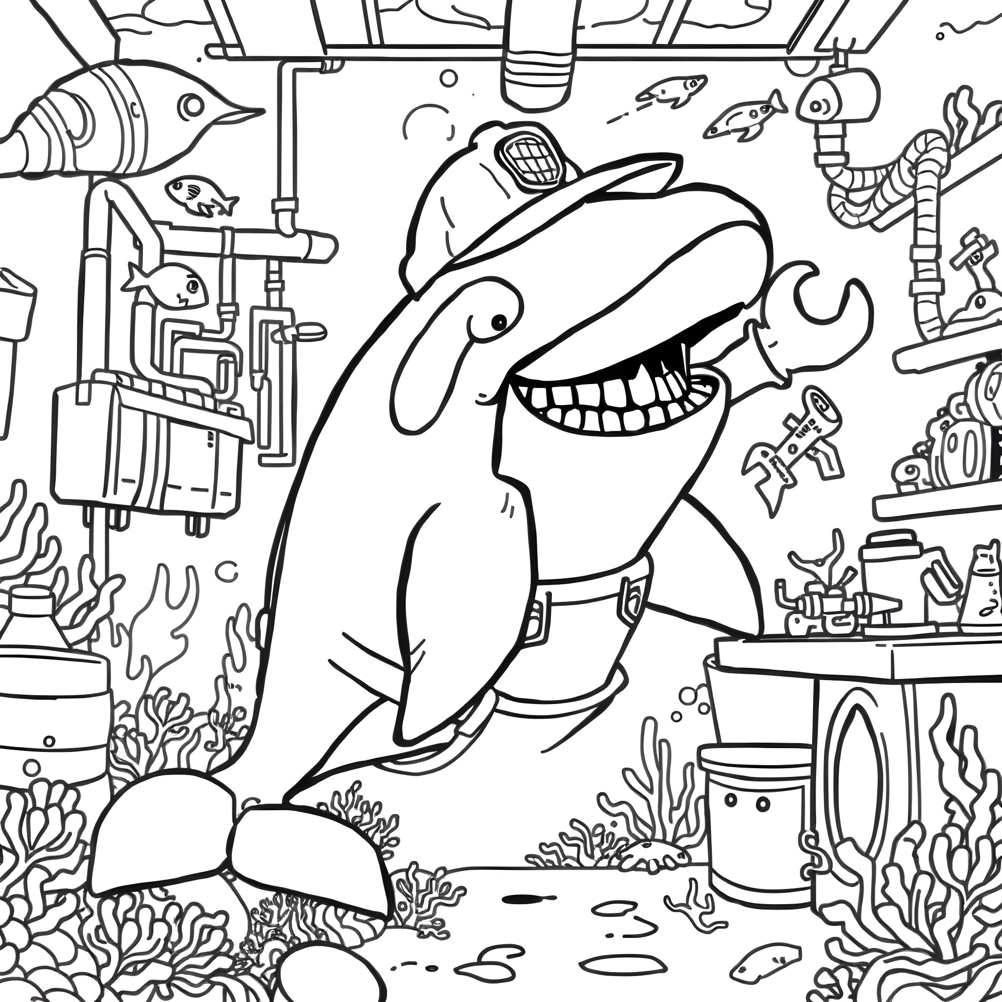 Killer Whale Exploring the Underwater World Coloring Page (free black-and-white line drawing printable PDF for all, from beginners to advanced learners, including children, teens, adults, and seniors)
