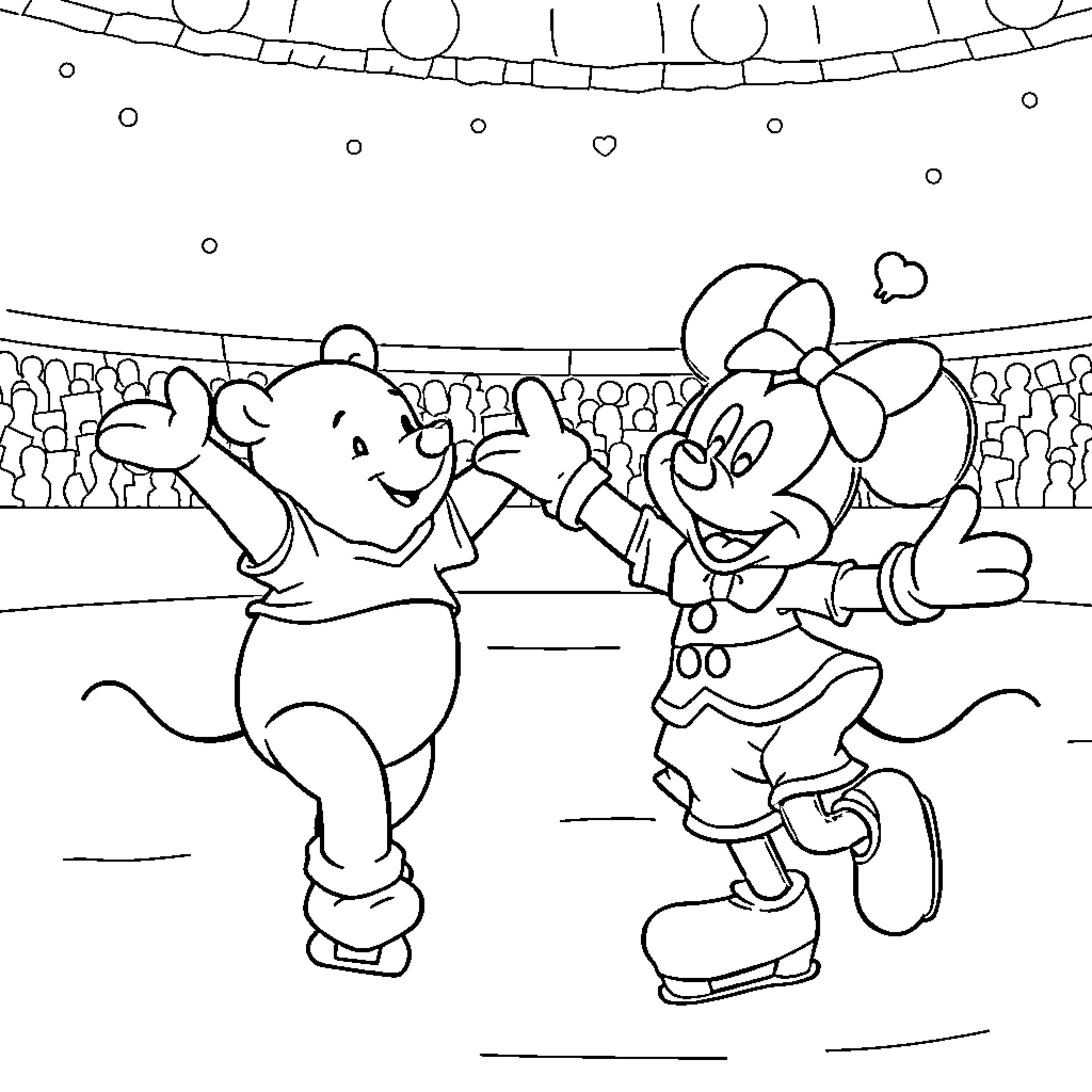 Winnie The Pooh and Minnie Mouse ice skating together Coloring Page (free black-and-white line drawing printable PDF for all, from beginners to advanced learners, including children, teens, adults, and seniors)
