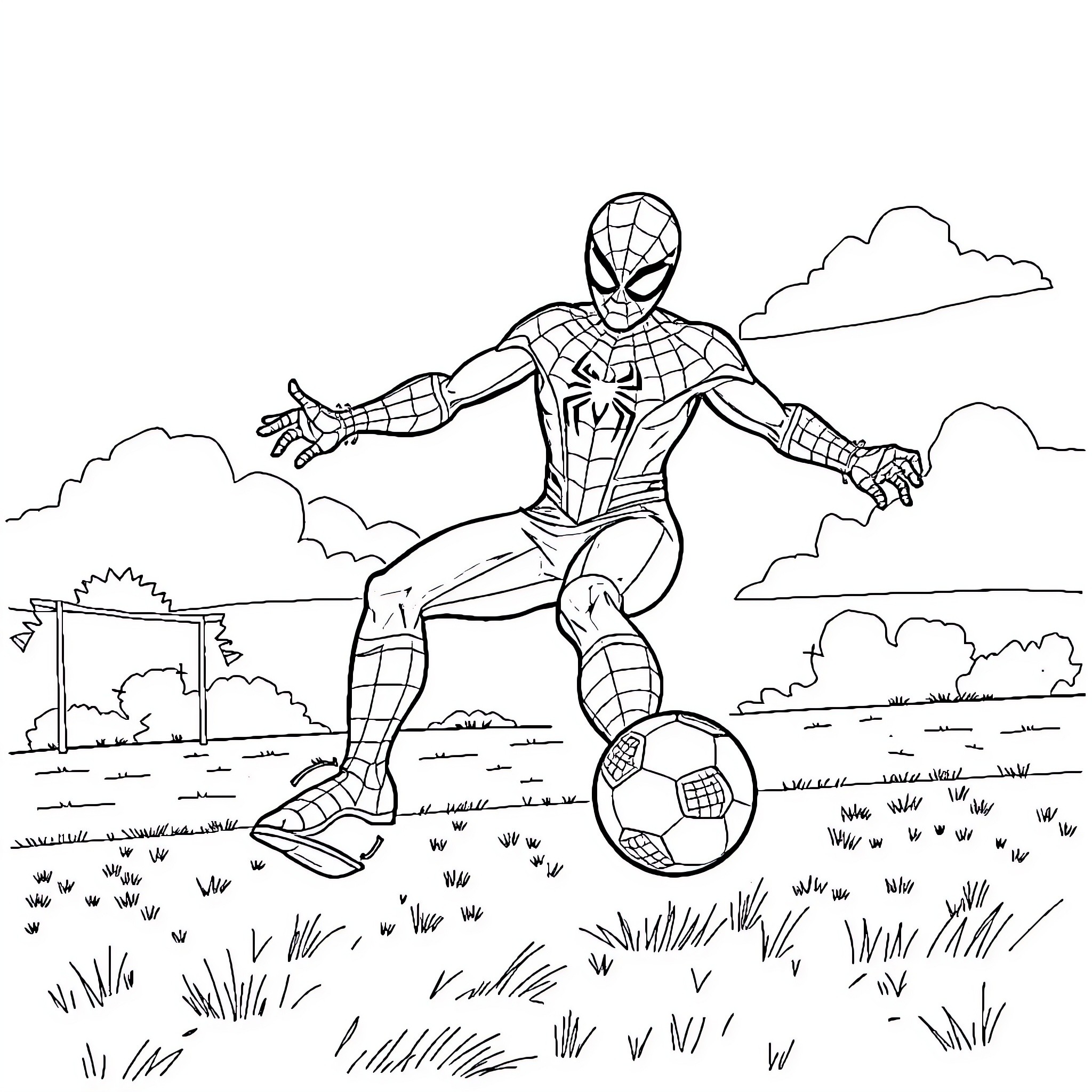 Spiderman playing soccer in the park Coloring Page (free black-and-white line drawing printable PDF for all, from beginners to advanced learners, including children, teens, adults, and seniors)