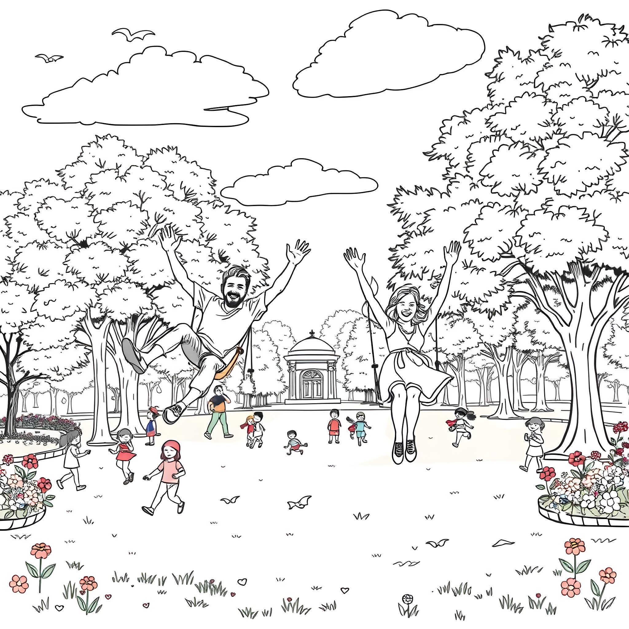 Man enjoying outdoor activities with children in park Coloring Page (free black-and-white line drawing printable PDF for all, from beginners to advanced learners, including children, teens, adults, and seniors)