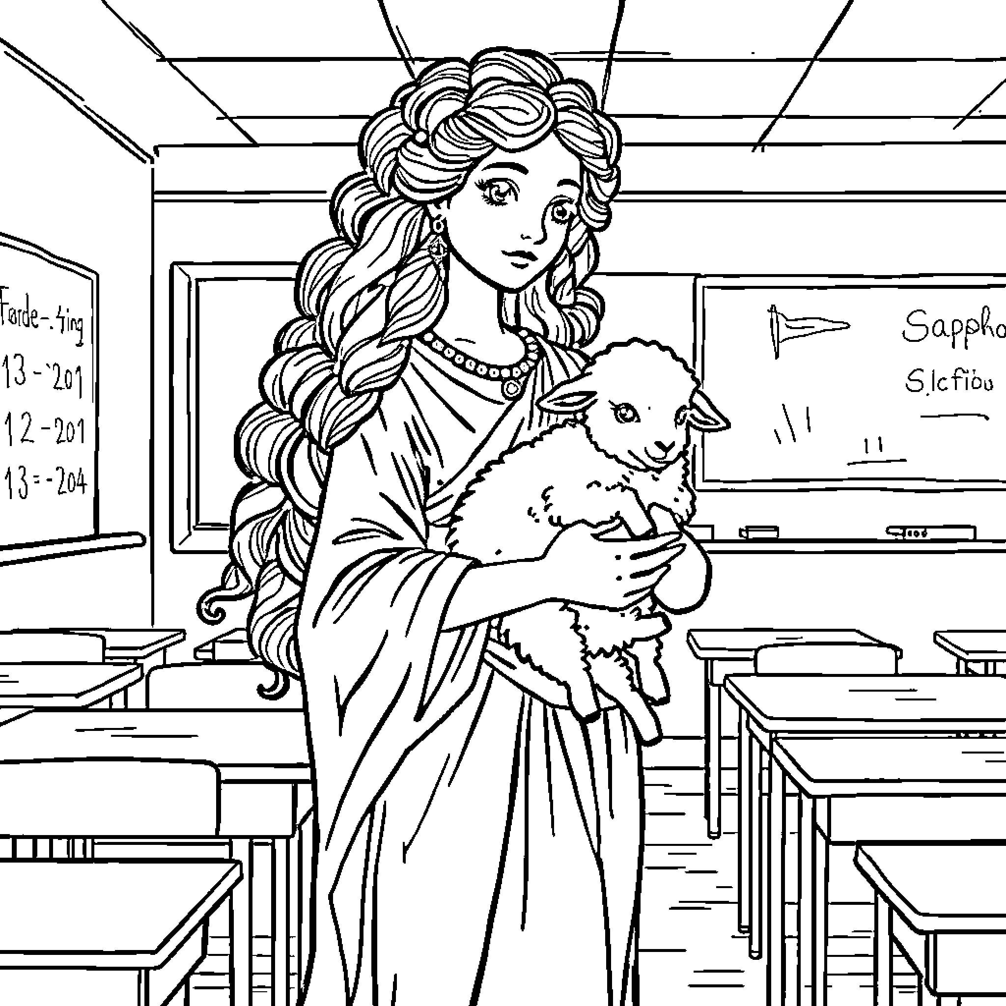 Sappho Teaching in the Classroom with Lamb Coloring Page (free black-and-white line drawing printable PDF for all, from beginners to advanced learners, including children, teens, adults, and seniors)