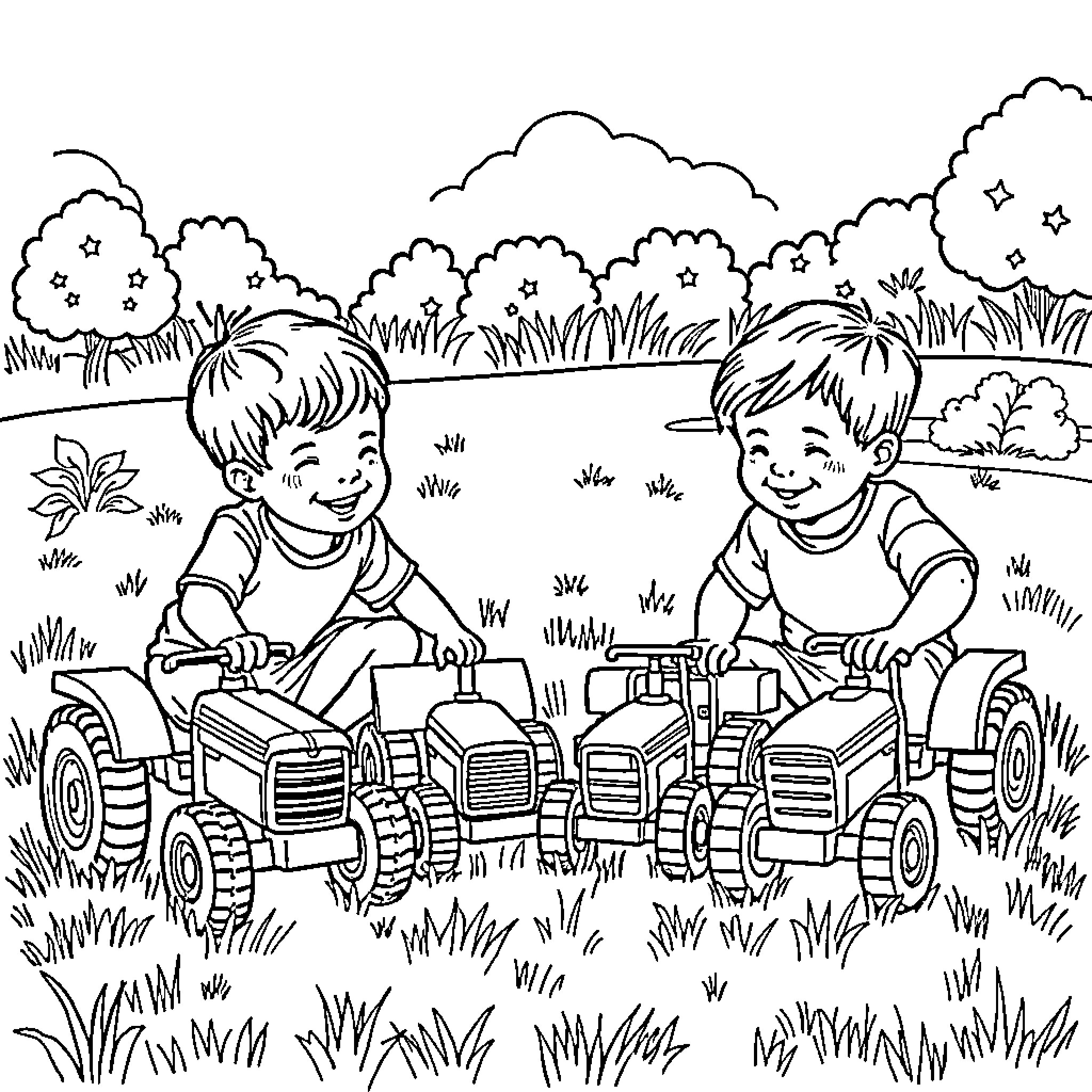 Boy friends playing on toy tractors in the countryside Coloring Page (free black-and-white line drawing printable PDF for all, from beginners to advanced learners, including children, teens, adults, and seniors)