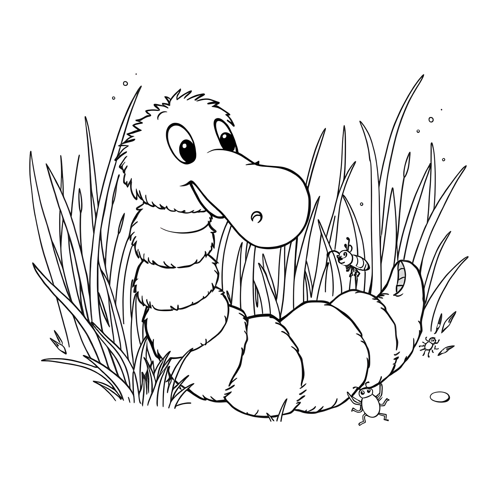 Worm crawling happily in the grass Coloring Page (free black-and-white line drawing printable PDF for all, from beginners to advanced learners, including children, teens, adults, and seniors)