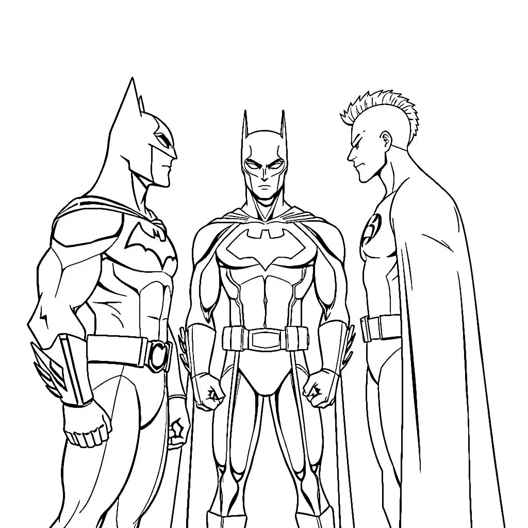 Superhero Trio in Action-Packed Poses Coloring Page (free black-and-white line drawing printable PDF for all, from beginners to advanced learners, including children, teens, adults, and seniors)
