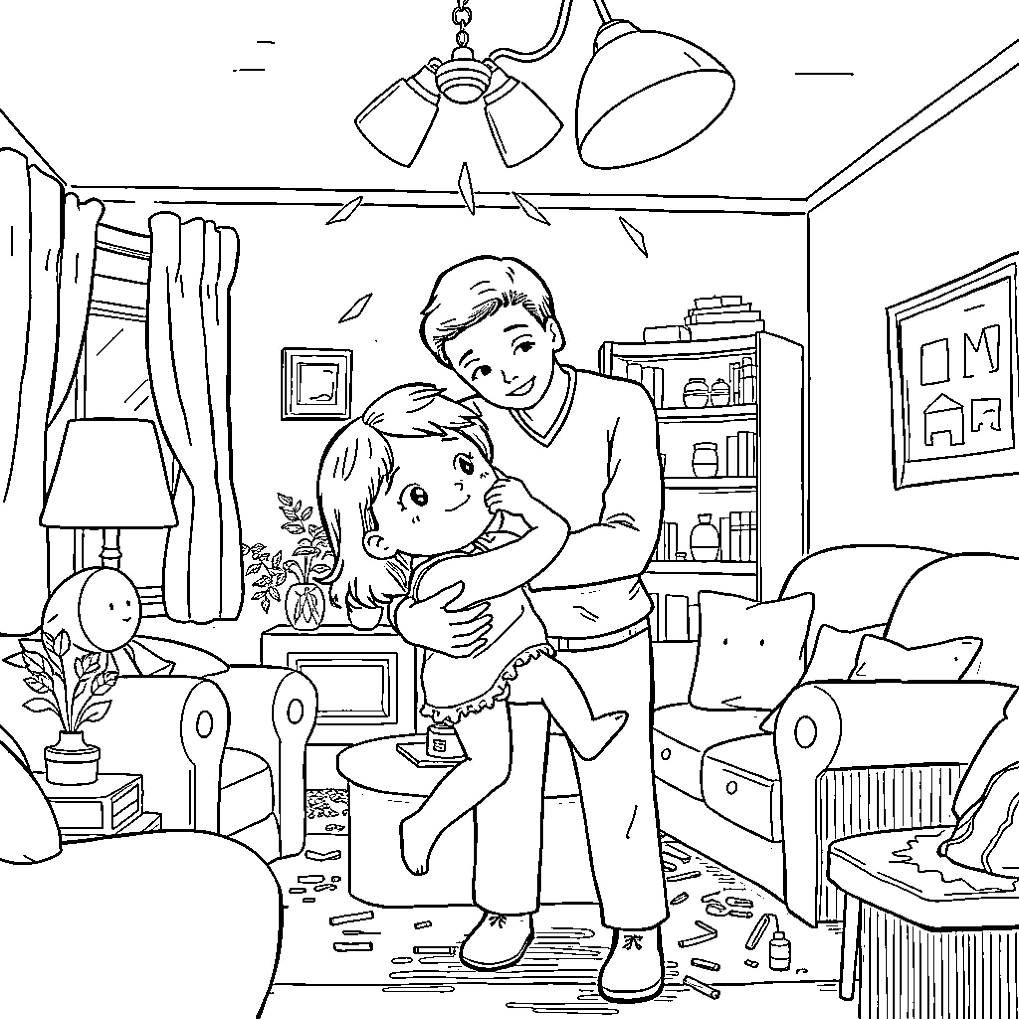 Child hugging stuffed animal in cozy home Coloring Page (free black-and-white line drawing printable PDF for all, from beginners to advanced learners, including children, teens, adults, and seniors)