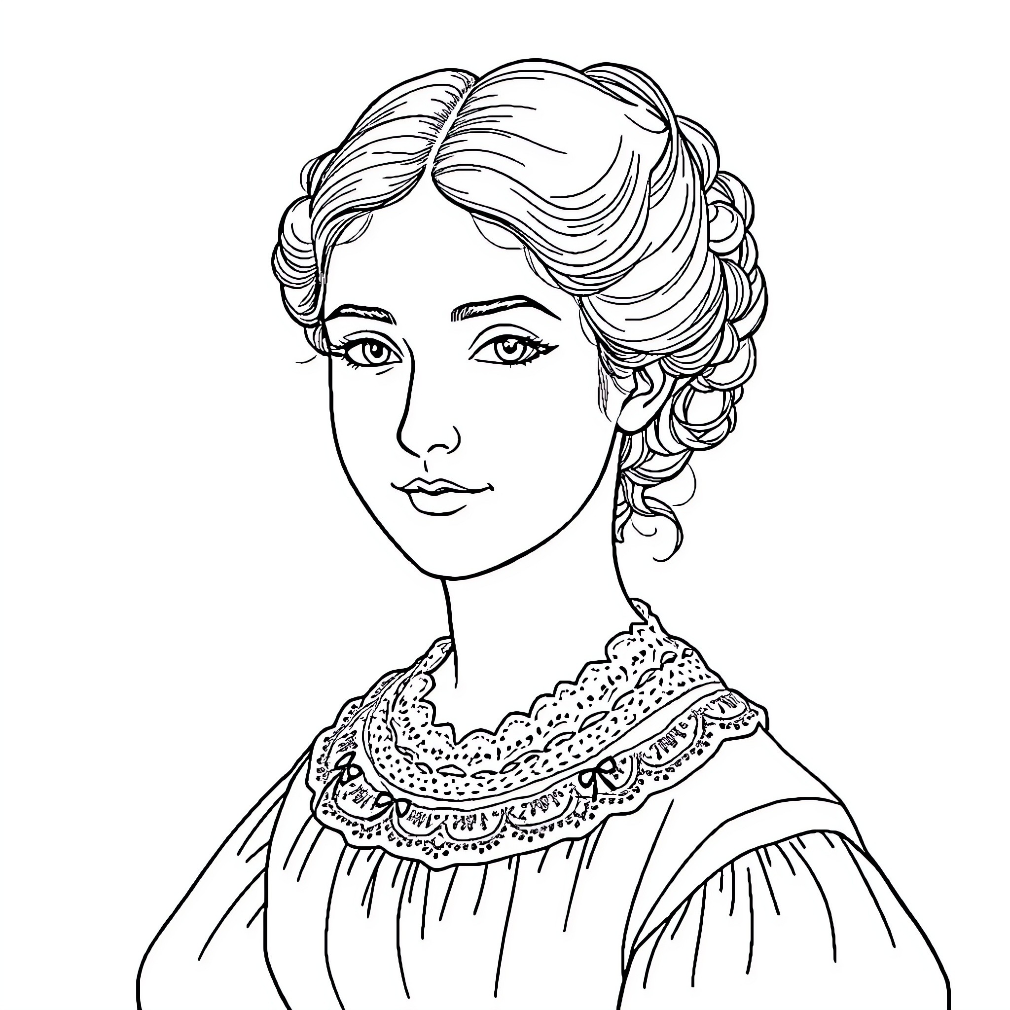 Lady with intricate hairstyle and decorative collar Coloring Page (free black-and-white line drawing printable PDF for all, from beginners to advanced learners, including children, teens, adults, and seniors)