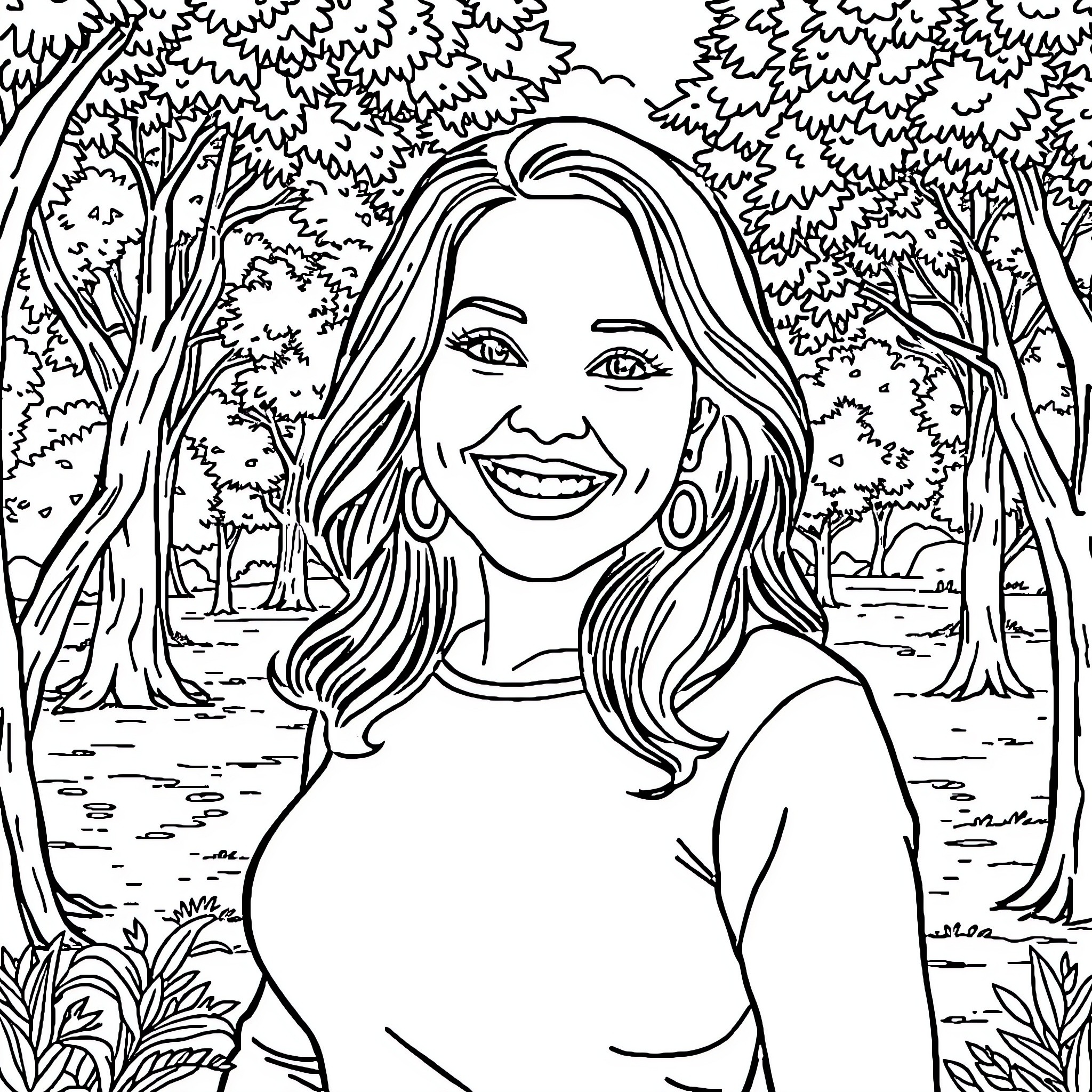 Catalina Santana smiling in a lush forest setting Coloring Page (free black-and-white line drawing printable PDF for all, from beginners to advanced learners, including children, teens, adults, and seniors)