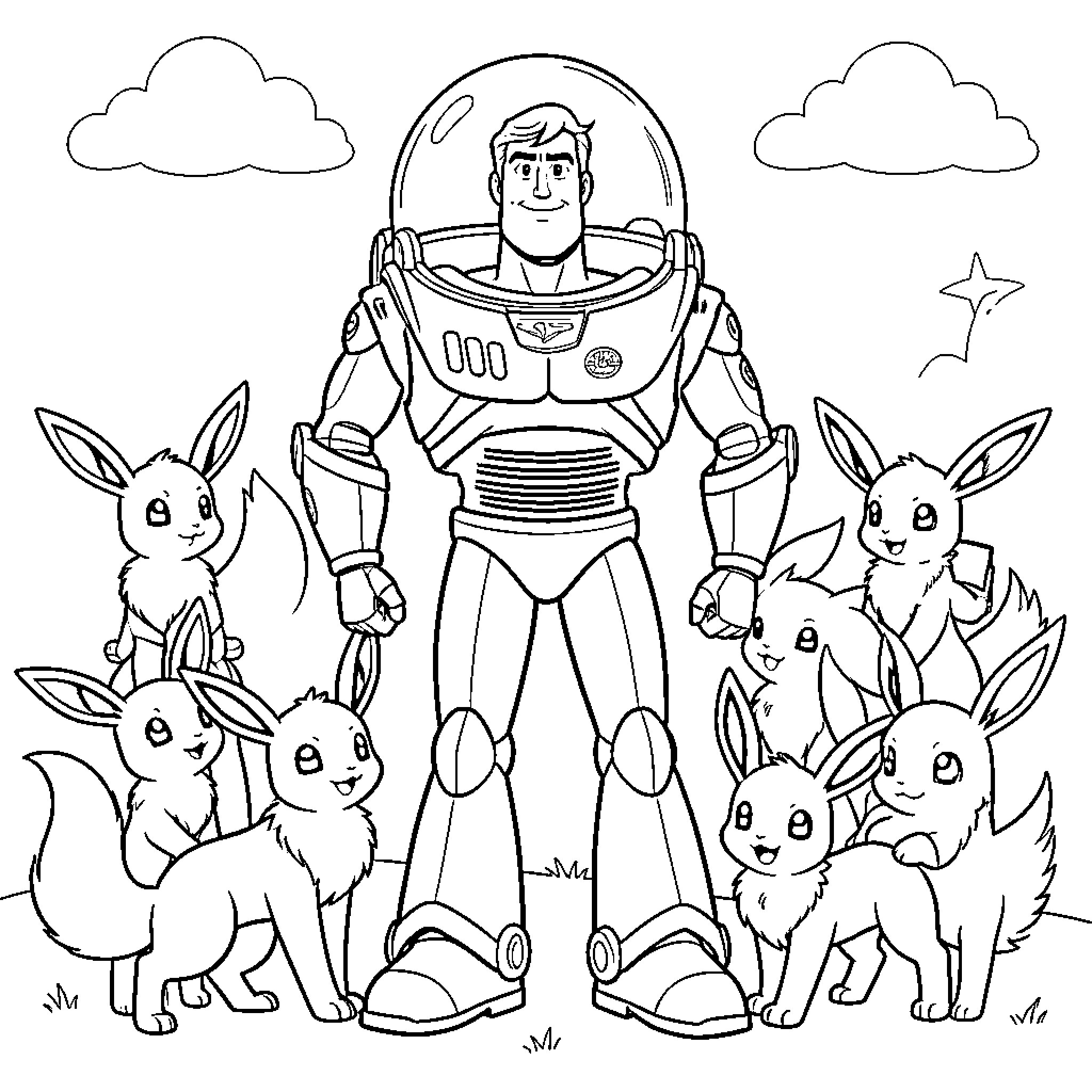Buzz Lightyear standing heroically surrounded by small creatures Coloring Page (free black-and-white line drawing printable PDF for all, from beginners to advanced learners, including children, teens, adults, and seniors)