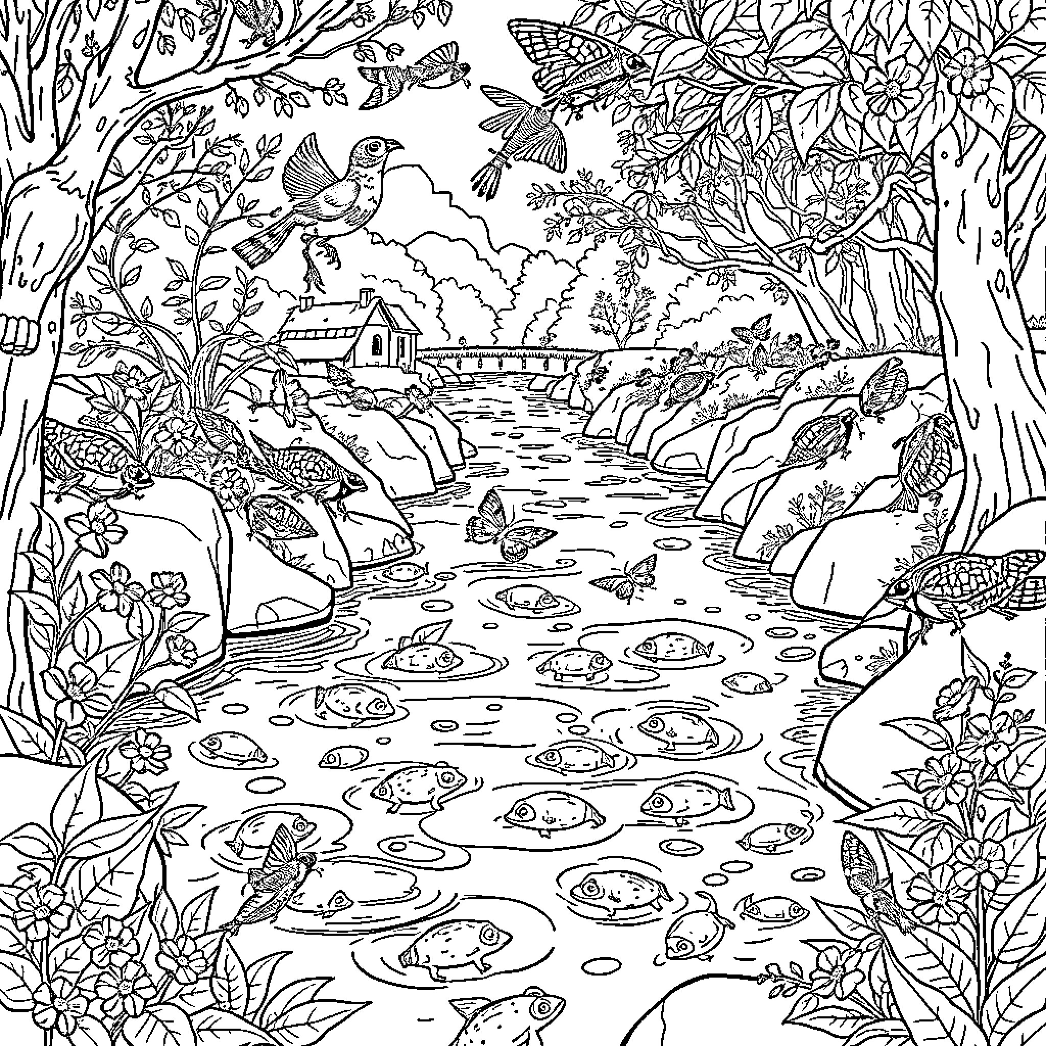 River in Idyllic Forest Landscape Coloring Page (free black-and-white line drawing printable PDF for all, from beginners to advanced learners, including children, teens, adults, and seniors)