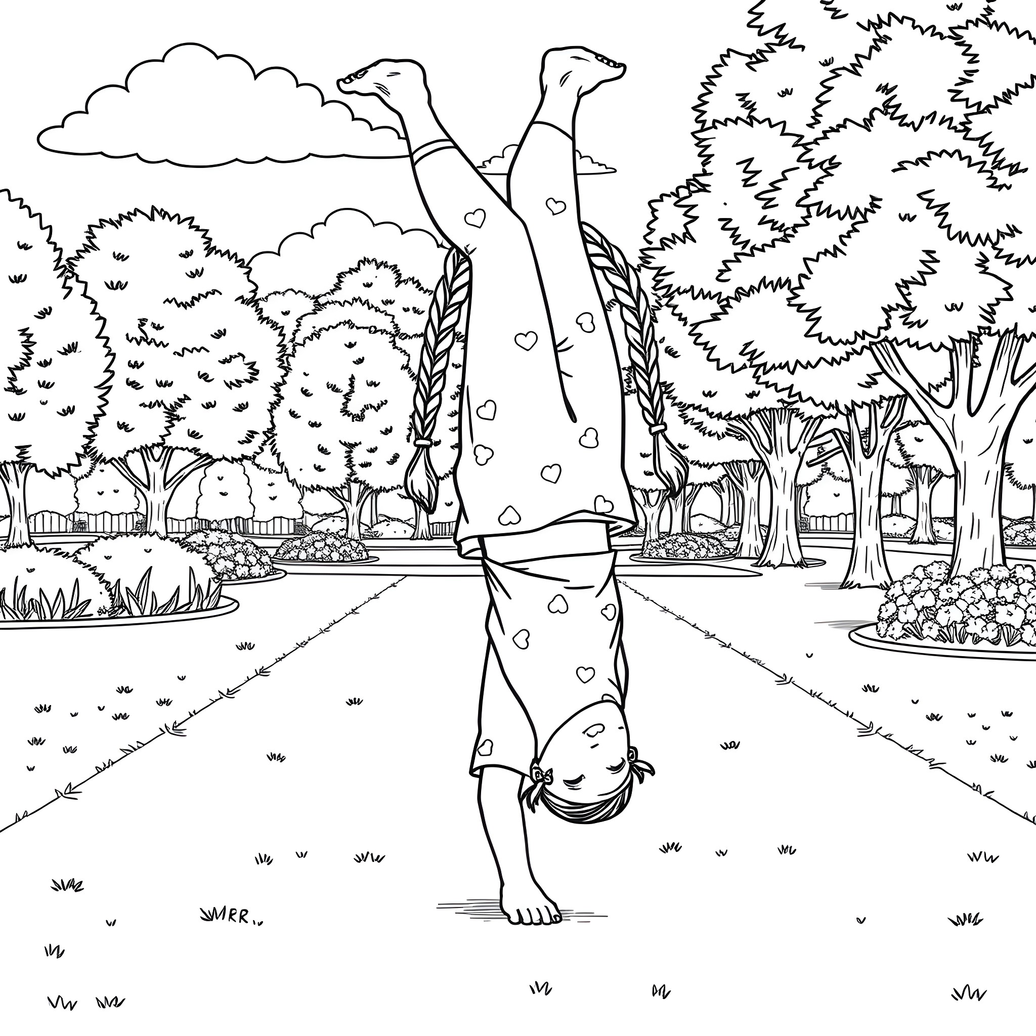 Girl doing handstand in the park Coloring Page (free black-and-white line drawing printable PDF for all, from beginners to advanced learners, including children, teens, adults, and seniors)