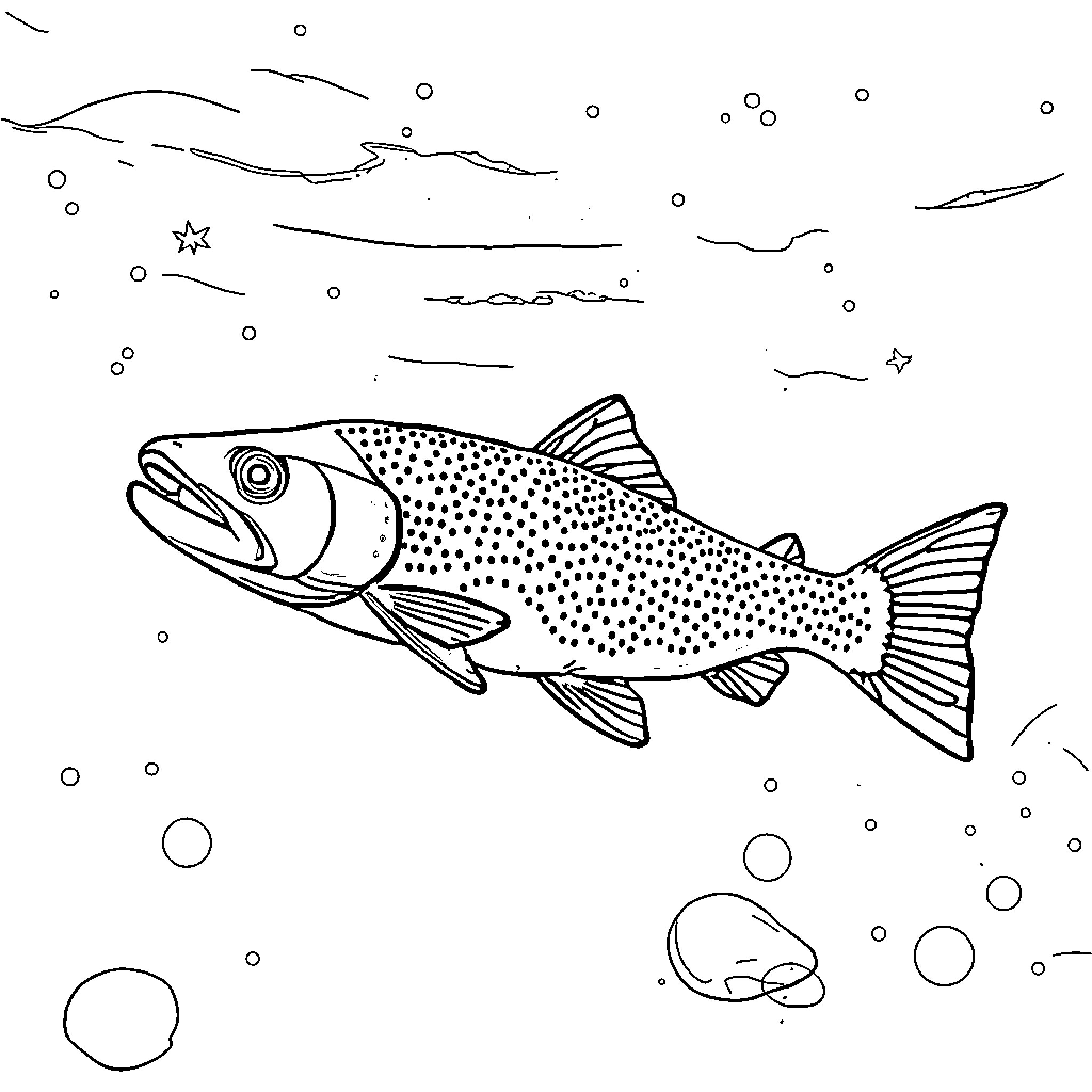 Trout swimming in underwater scene Coloring Page (free black-and-white line drawing printable PDF for all, from beginners to advanced learners, including children, teens, adults, and seniors)
