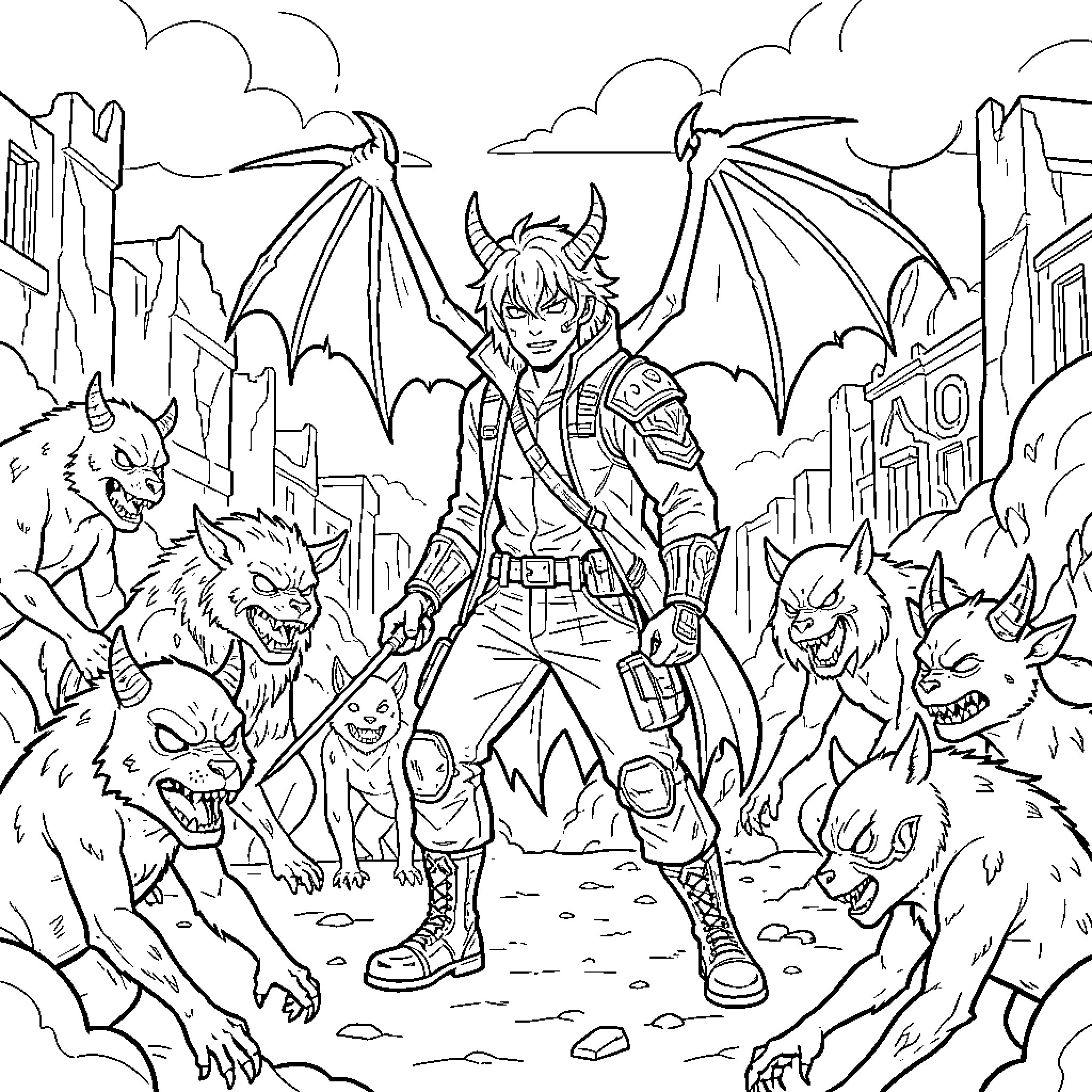 Demon standing amidst a pack of snarling creatures Coloring Page (free black-and-white line drawing printable PDF for all, from beginners to advanced learners, including children, teens, adults, and seniors)