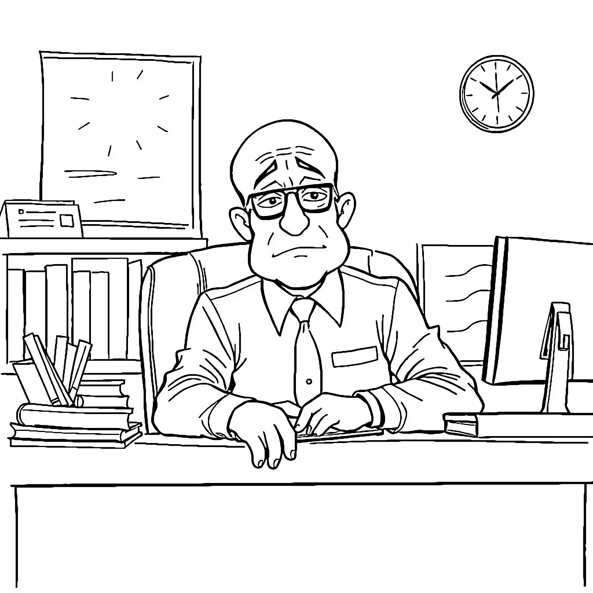 Principal Working Diligently at Desk Coloring Page (free black-and-white line drawing printable PDF for all, from beginners to advanced learners, including children, teens, adults, and seniors)