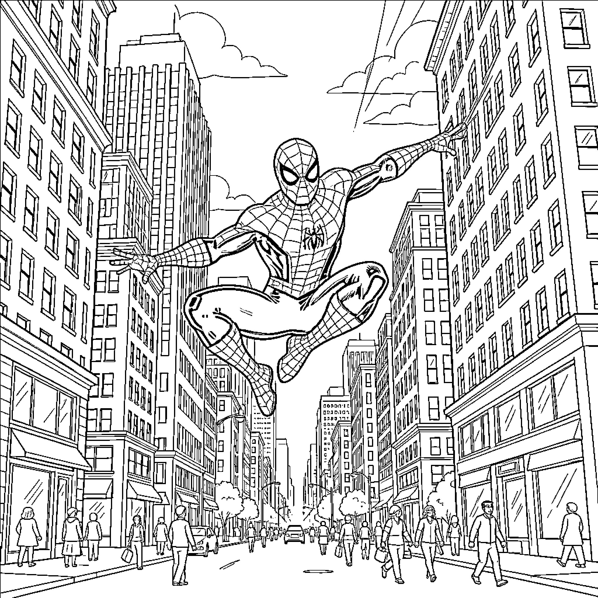 Spider-Man swinging through a busy city street Coloring Page (free black-and-white line drawing printable PDF for all, from beginners to advanced learners, including children, teens, adults, and seniors)
