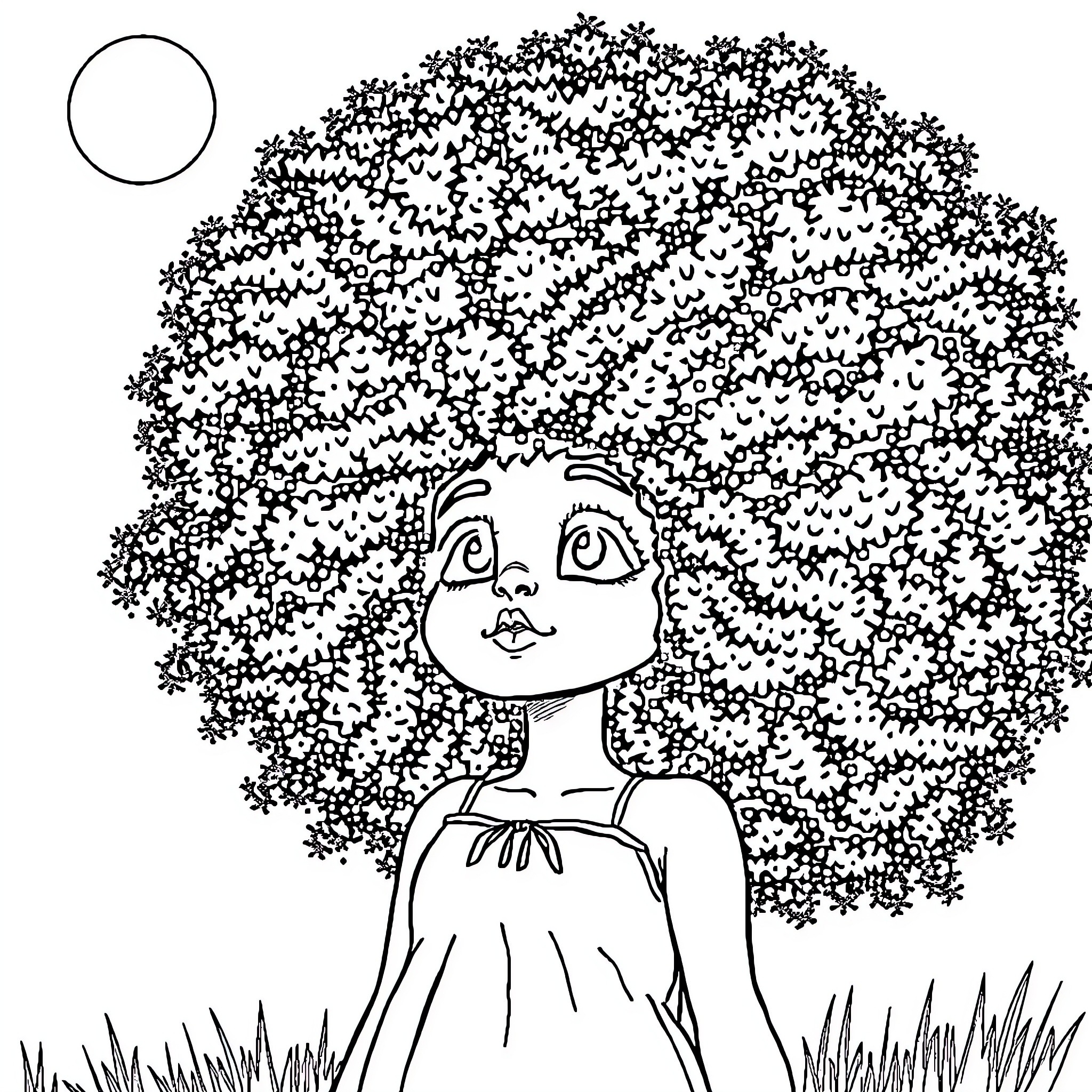 Girl with curly hair in nature Coloring Page (free black-and-white line drawing printable PDF for all, from beginners to advanced learners, including children, teens, adults, and seniors)