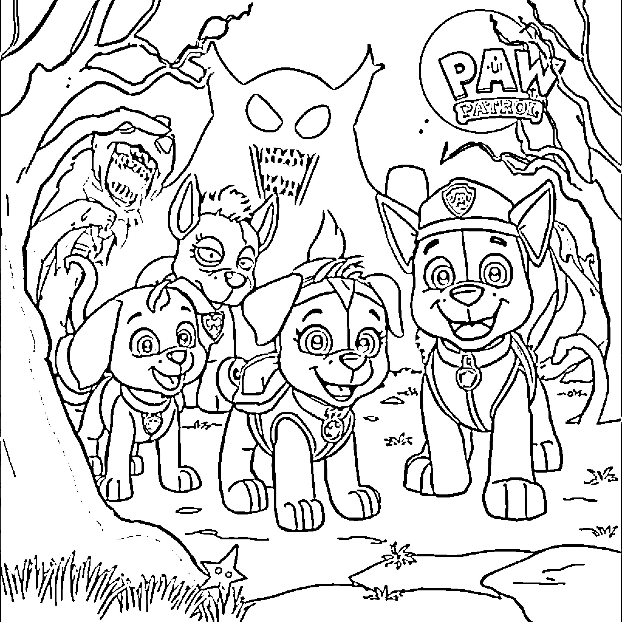 Paw Patrol Pups Exploring Spooky Forest Coloring Page (free black-and-white line drawing printable PDF for all, from beginners to advanced learners, including children, teens, adults, and seniors)