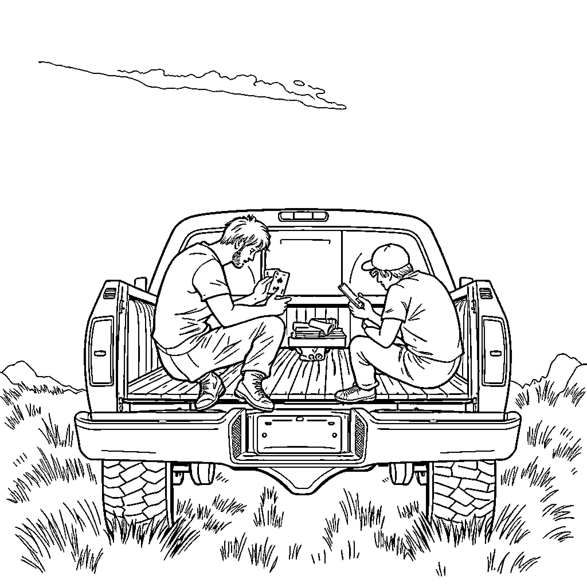 Guy working on laptop in the back of pickup truck Coloring Page (free black-and-white line drawing printable PDF for all, from beginners to advanced learners, including children, teens, adults, and seniors)