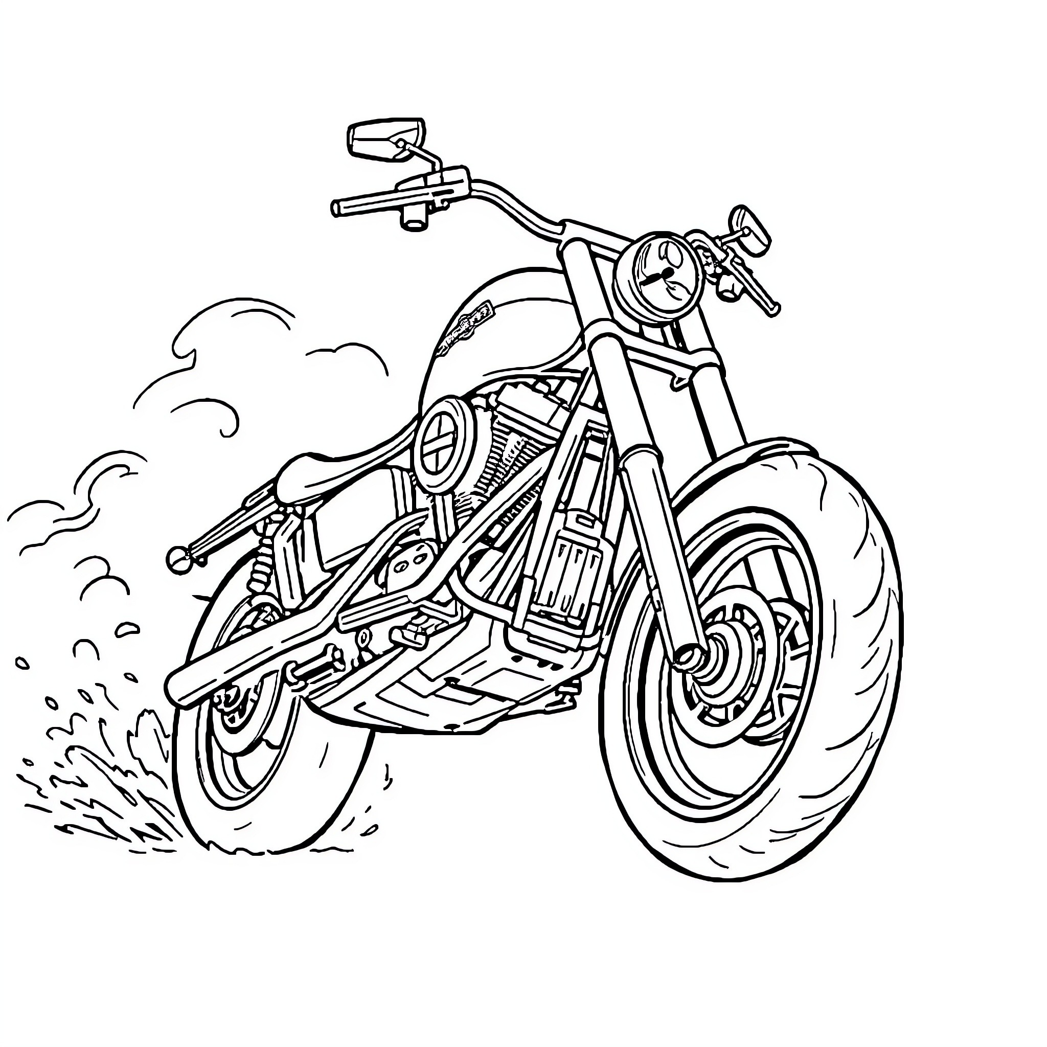 Harley Davidson motorcycle speeding through the road Coloring Page (free black-and-white line drawing printable PDF for all, from beginners to advanced learners, including children, teens, adults, and seniors)