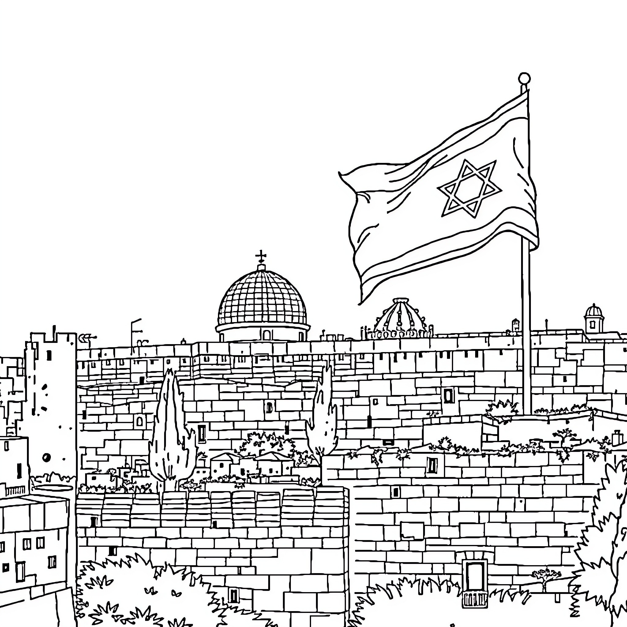 Jerusalem skyline with waving Israeli flag Coloring Page (free black-and-white line drawing printable PDF for all, from beginners to advanced learners, including children, teens, adults, and seniors)