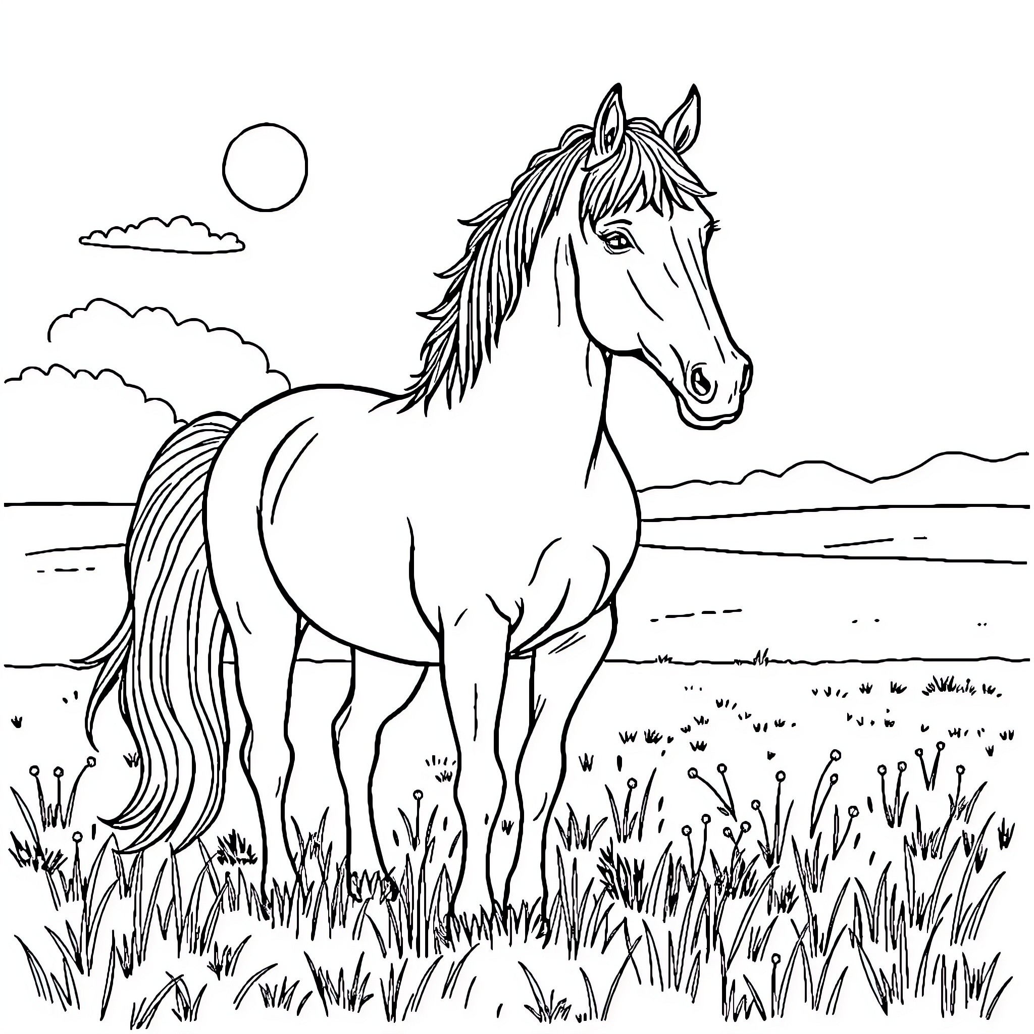 Horse standing majestically in a grassy field Coloring Page (free black-and-white line drawing printable PDF for all, from beginners to advanced learners, including children, teens, adults, and seniors)