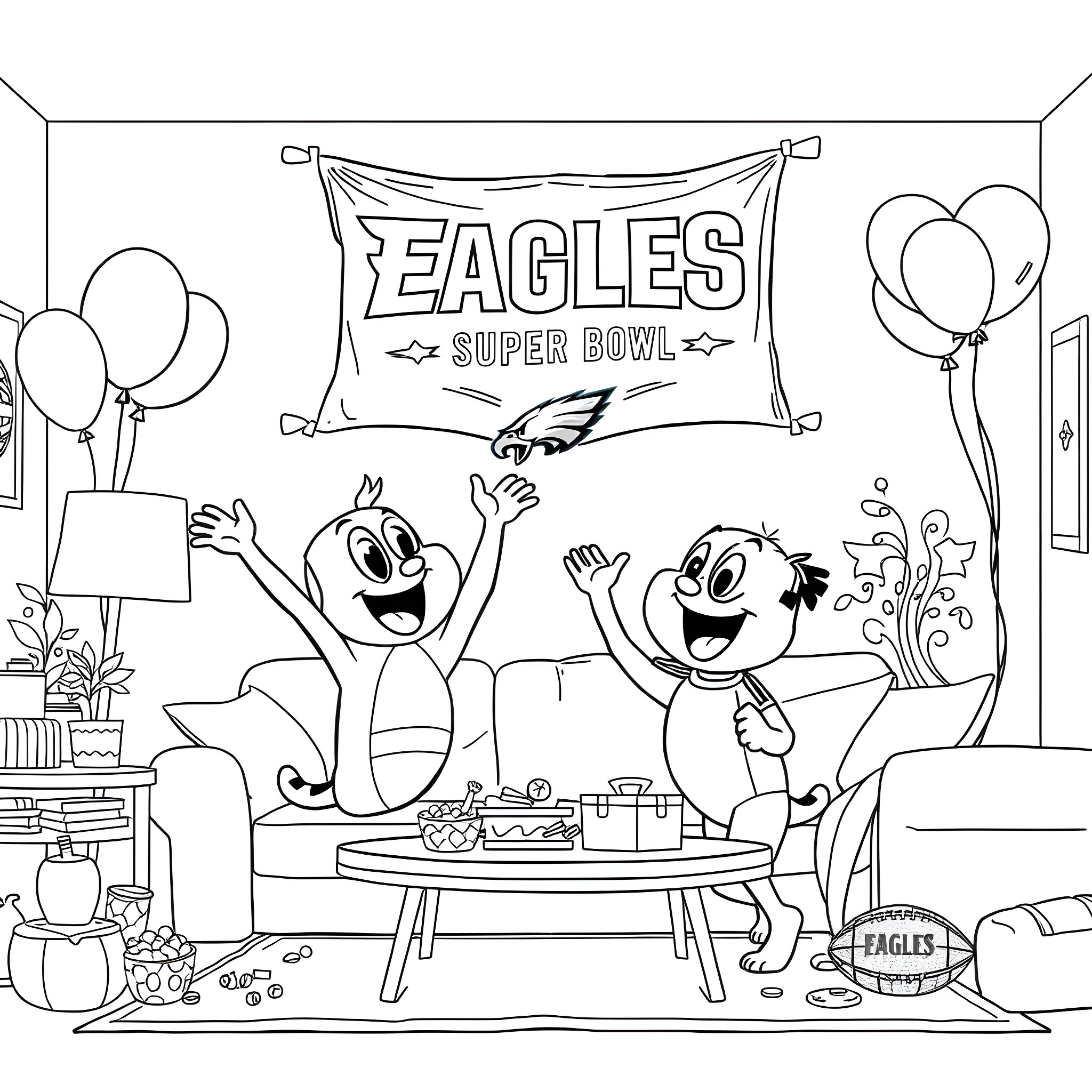 Bluey and friends celebrate the Eagles Super Bowl victory Coloring Page (free black-and-white line drawing printable PDF for all, from beginners to advanced learners, including children, teens, adults, and seniors)