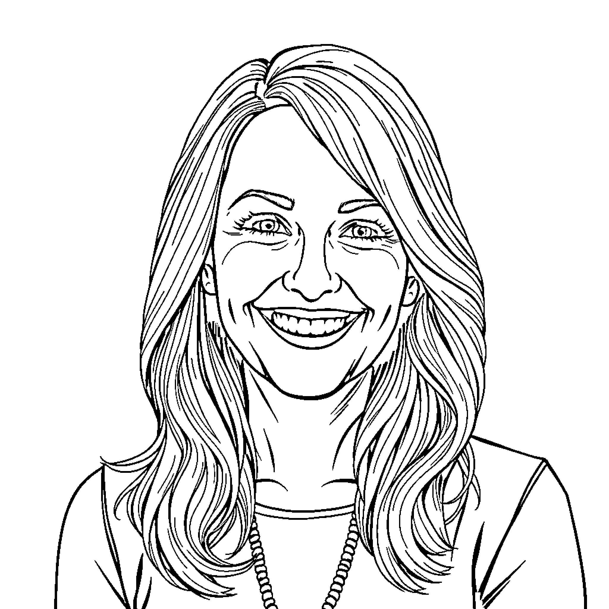 Tammy Tidwell's Joyful Portrait Coloring Page (free black-and-white line drawing printable PDF for all, from beginners to advanced learners, including children, teens, adults, and seniors)