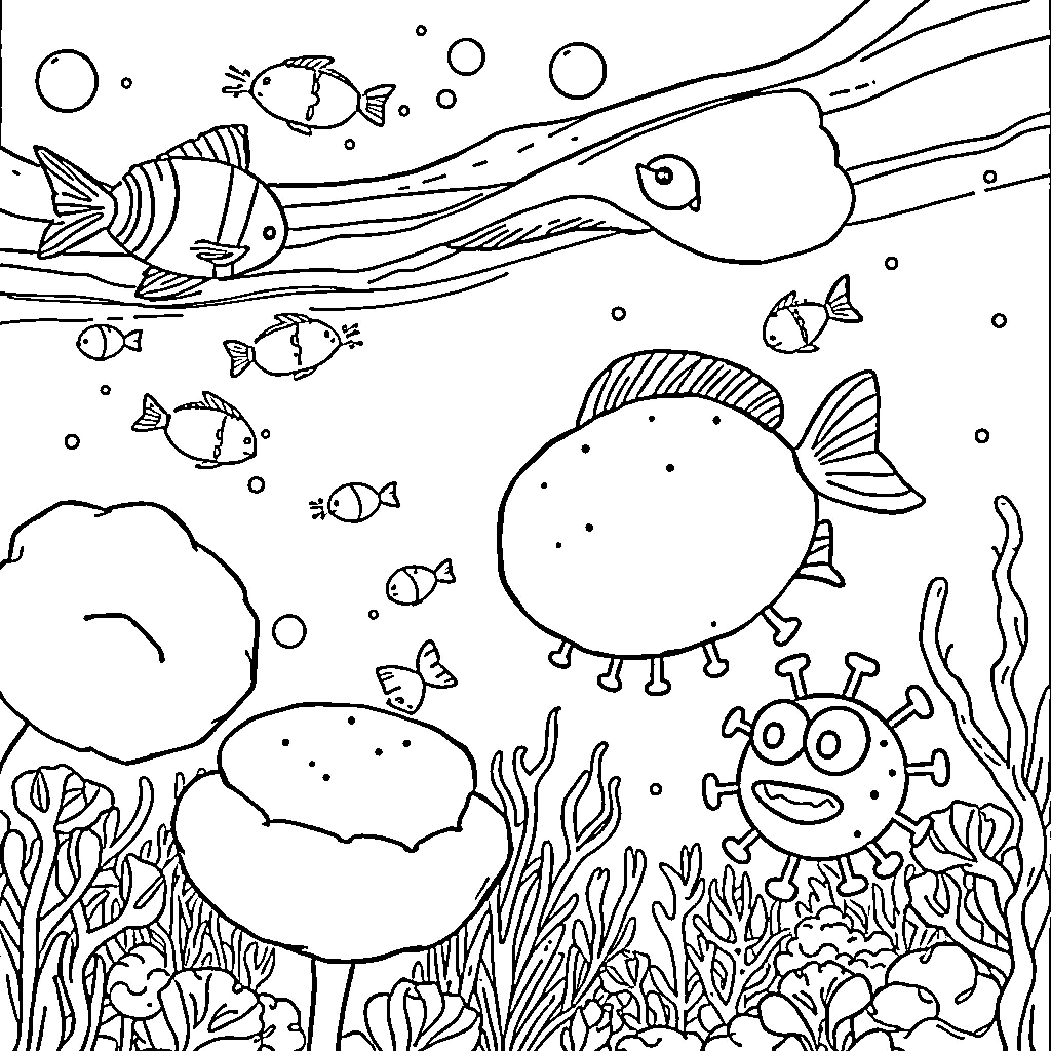 Yorkshire Pudding Underwater Adventure Coloring Page (free black-and-white line drawing printable PDF for all, from beginners to advanced learners, including children, teens, adults, and seniors)
