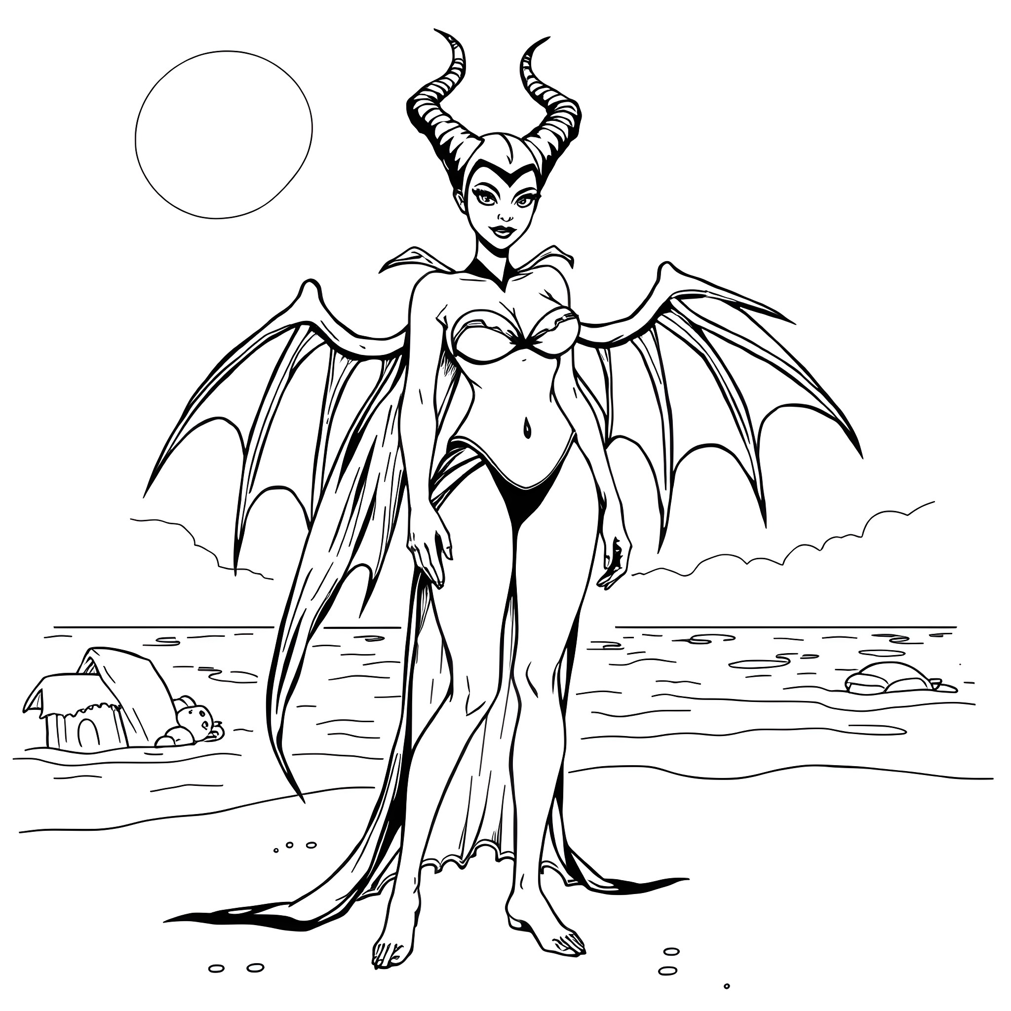 Maleficent, the Wicked Enchantress, Casting Her Spell Coloring Page (free black-and-white line drawing printable PDF for all, from beginners to advanced learners, including children, teens, adults, and seniors)
