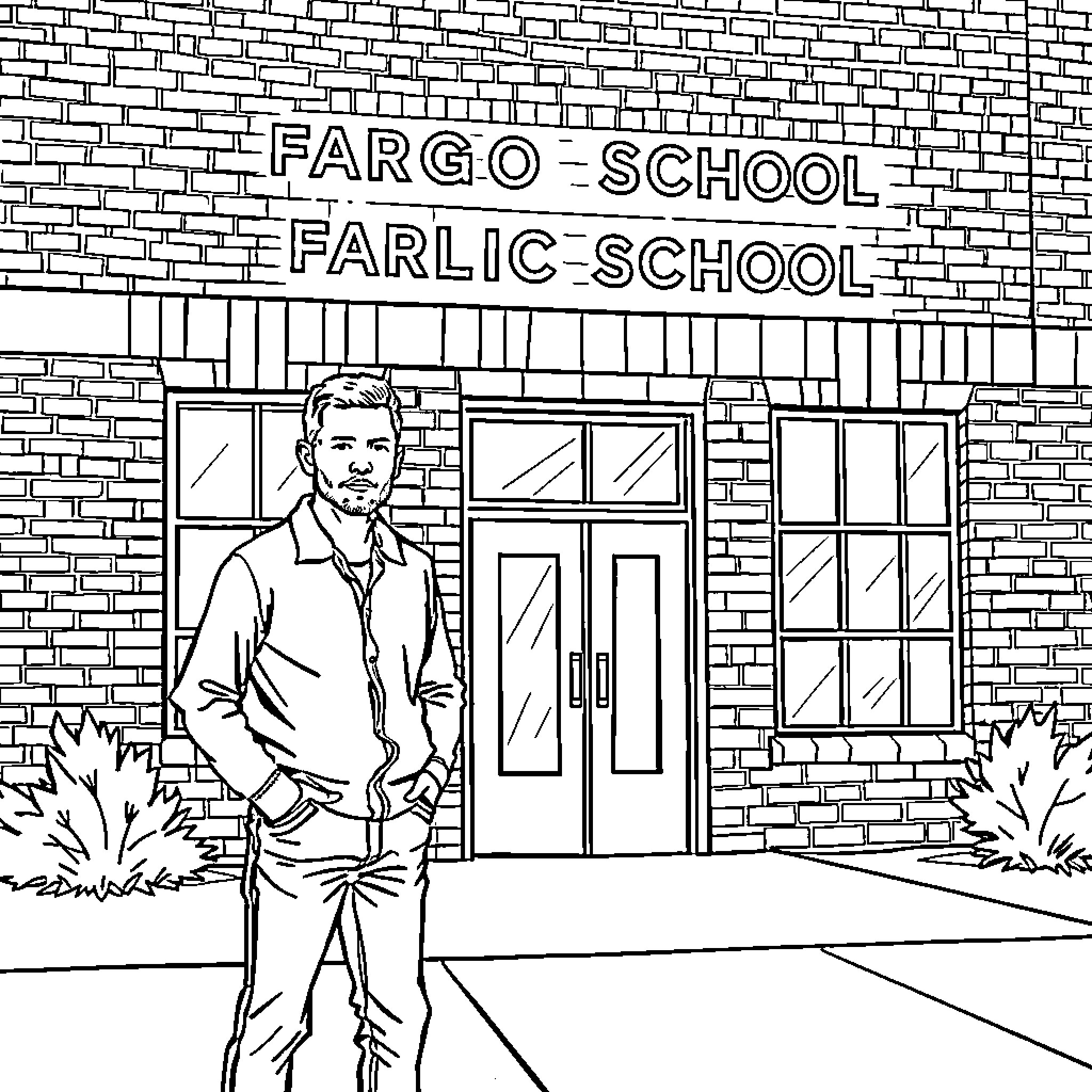Patrick Meyer standing in front of Fargo-Farlic School Coloring Page (free black-and-white line drawing printable PDF for all, from beginners to advanced learners, including children, teens, adults, and seniors)