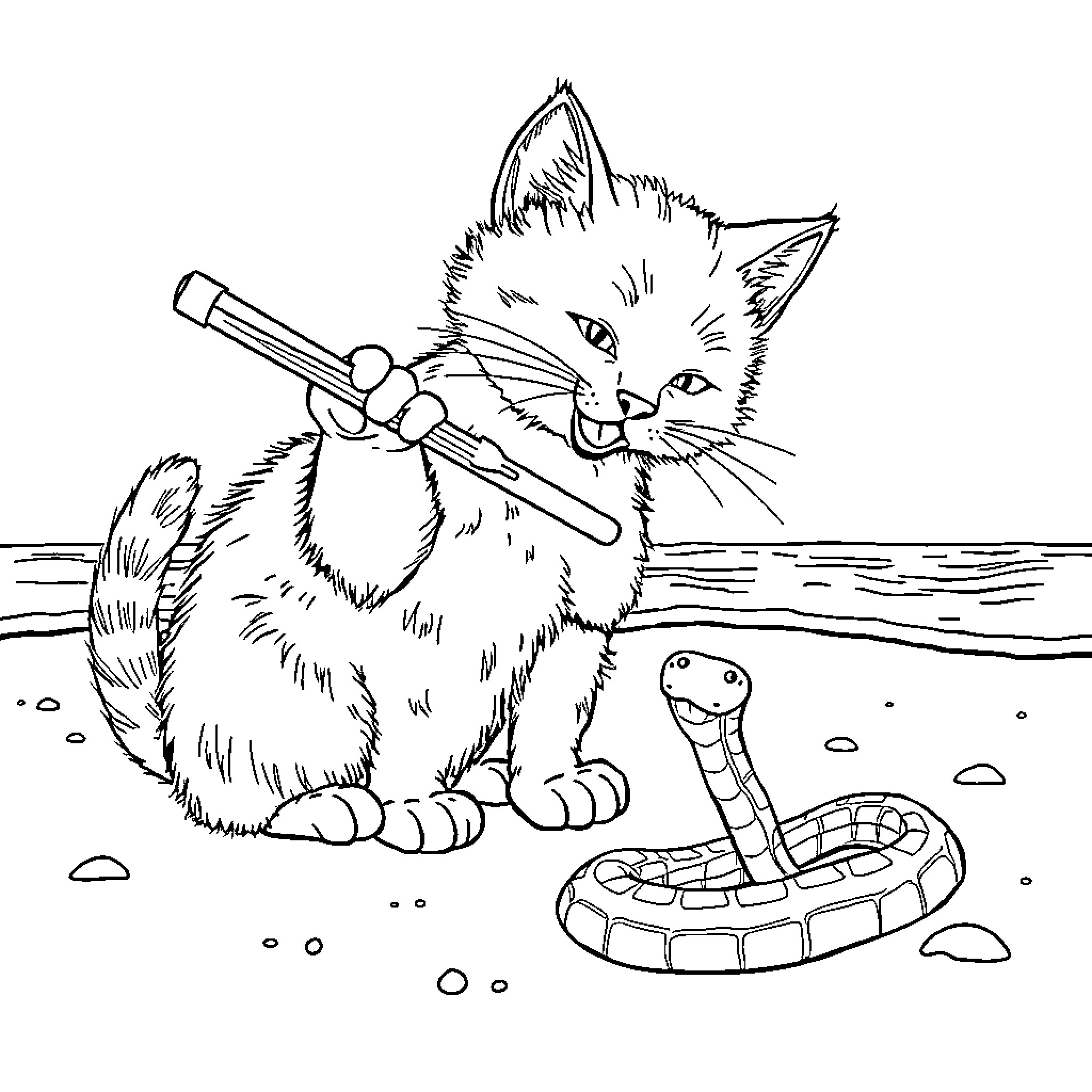 Cat with Fishing Rod and Snake on the Beach Coloring Page (free black-and-white line drawing printable PDF for all, from beginners to advanced learners, including children, teens, adults, and seniors)