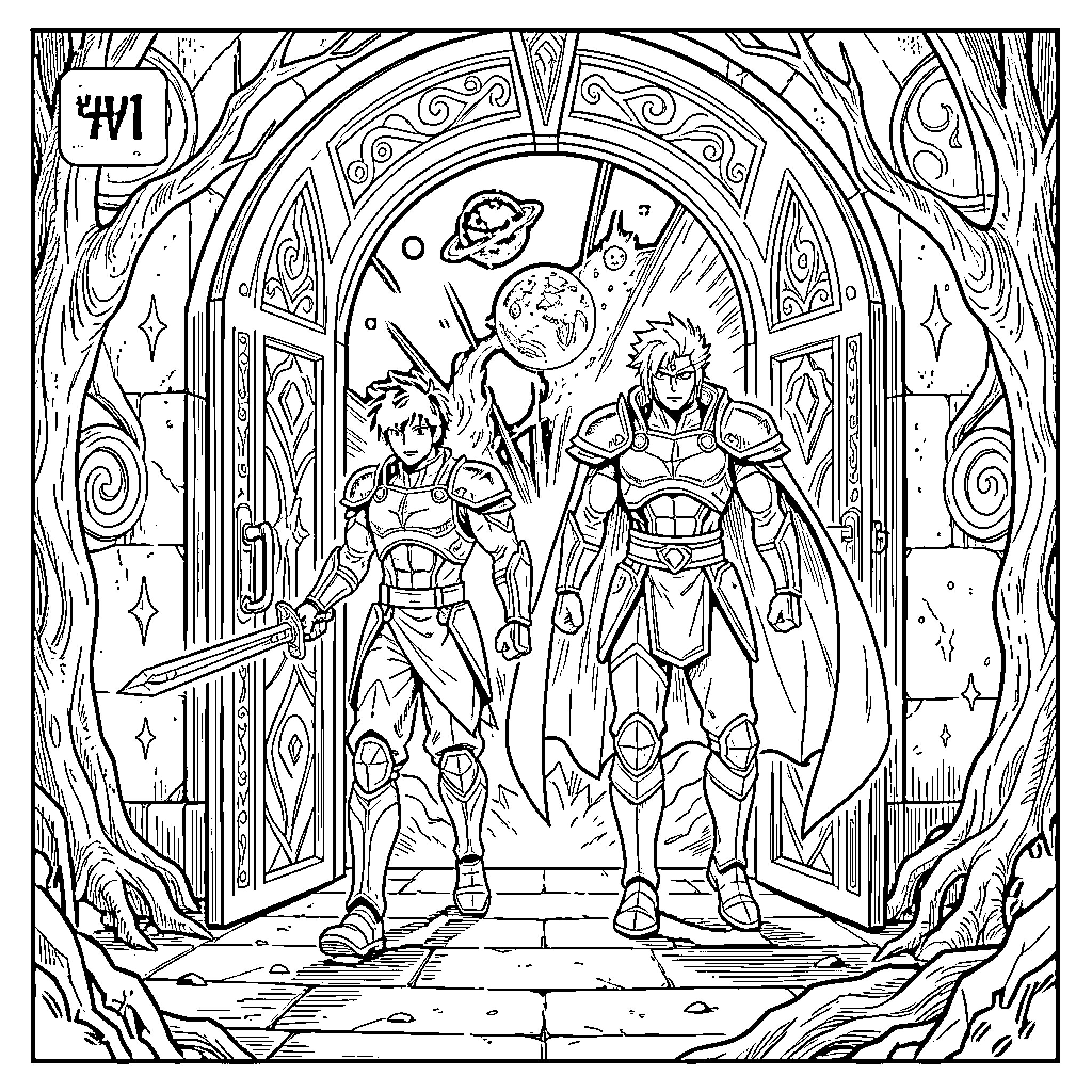Isagi Yoichi in knight armor standing before a portal Coloring Page (free black-and-white line drawing printable PDF for all, from beginners to advanced learners, including children, teens, adults, and seniors)