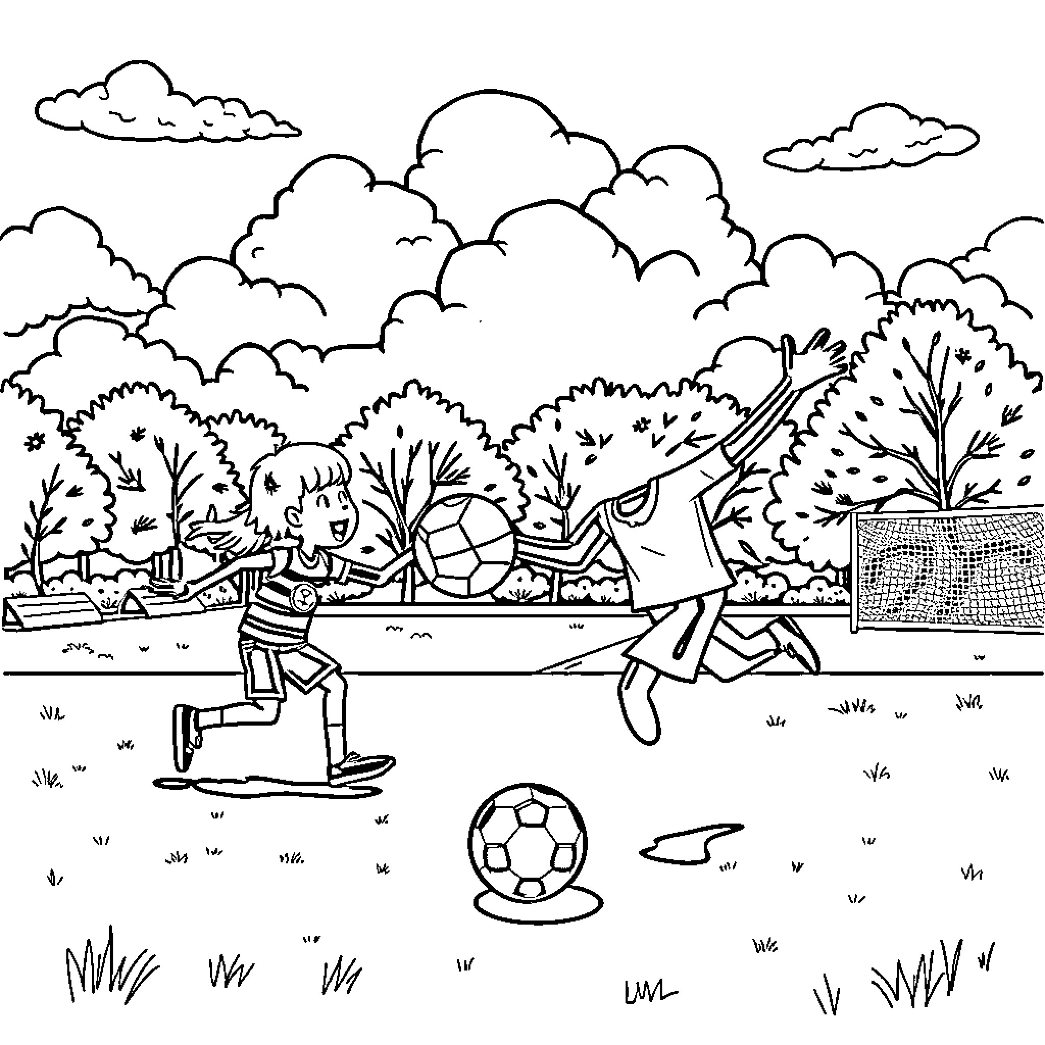 Plim Plim Soccer Players on the Field Coloring Page (free black-and-white line drawing printable PDF for all, from beginners to advanced learners, including children, teens, adults, and seniors)