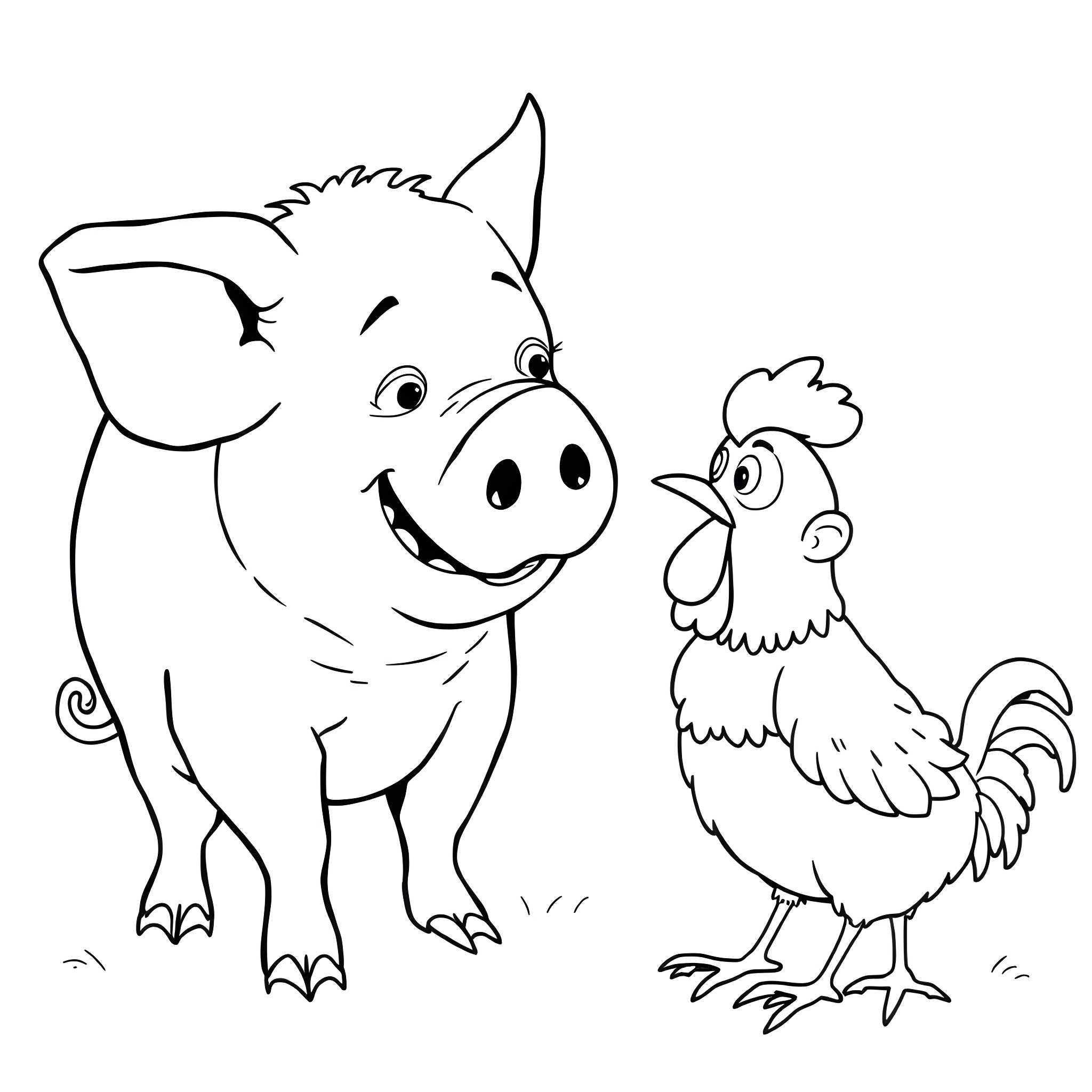 Pig and Rooster Cheerfully Interacting Coloring Page (free black-and-white line drawing printable PDF for all, from beginners to advanced learners, including children, teens, adults, and seniors)
