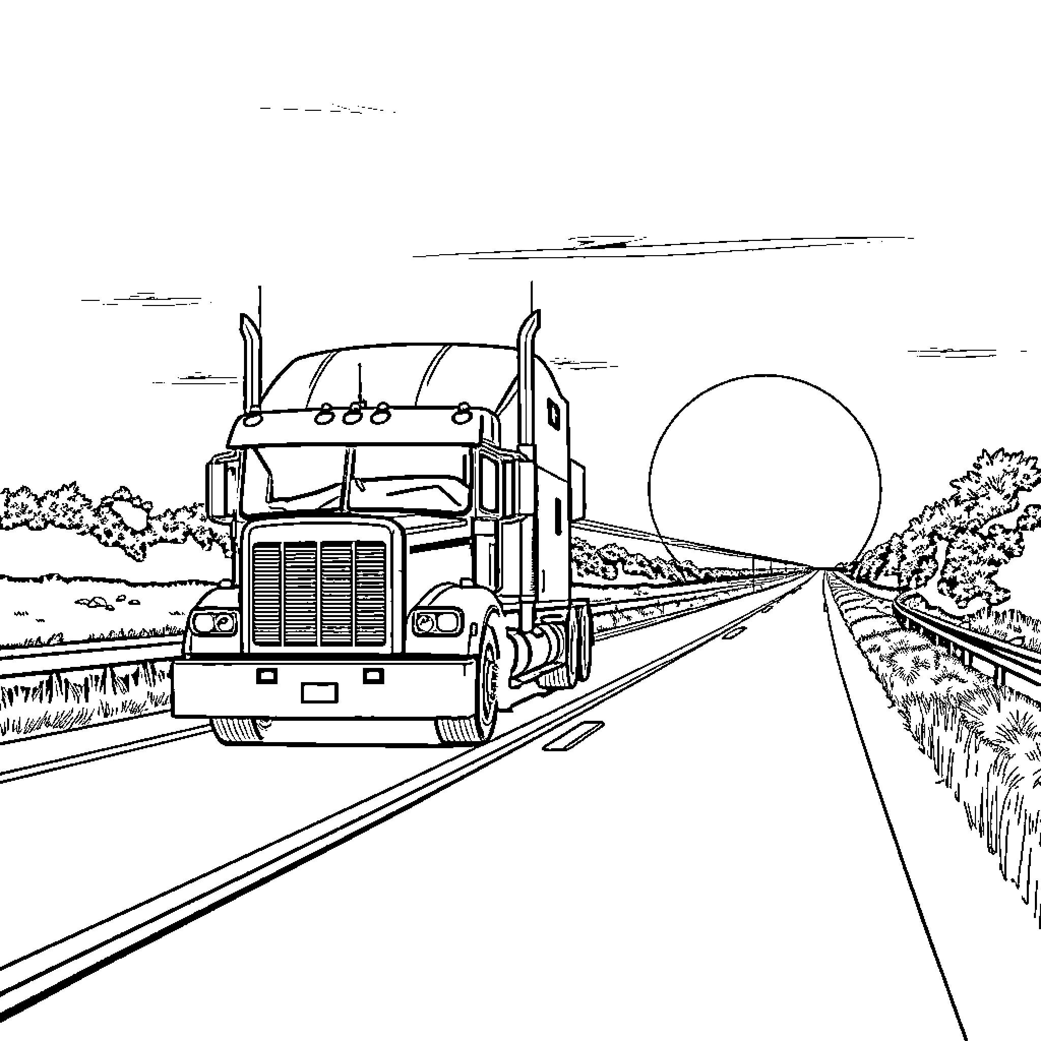Truck hauling cargo down the open road Coloring Page (free black-and-white line drawing printable PDF for all, from beginners to advanced learners, including children, teens, adults, and seniors)