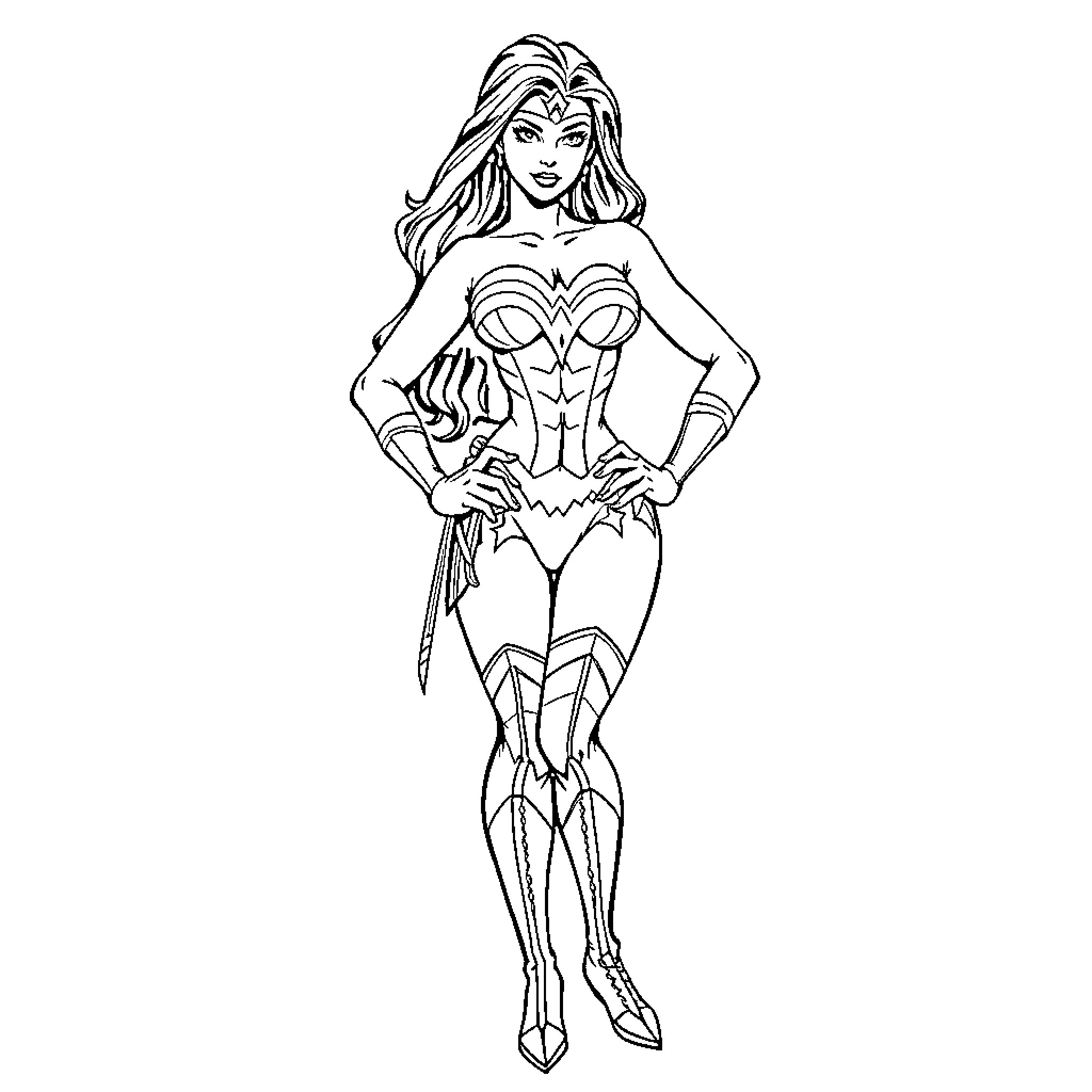 Wonder Woman in her iconic superhero outfit Coloring Page (free black-and-white line drawing printable PDF for all, from beginners to advanced learners, including children, teens, adults, and seniors)