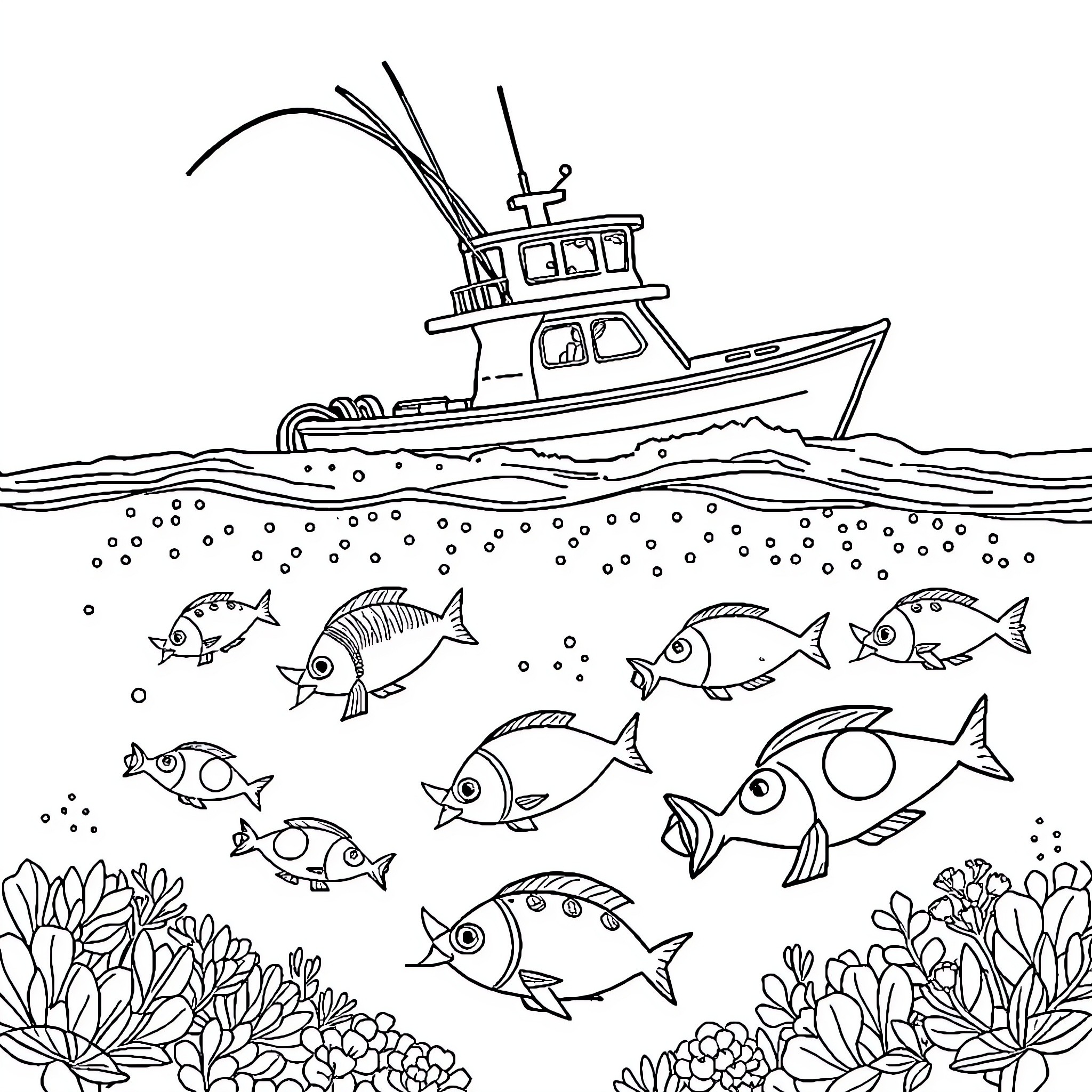 Fishing Boat Navigating Serene Underwater Scene Coloring Page (free black-and-white line drawing printable PDF for all, from beginners to advanced learners, including children, teens, adults, and seniors)