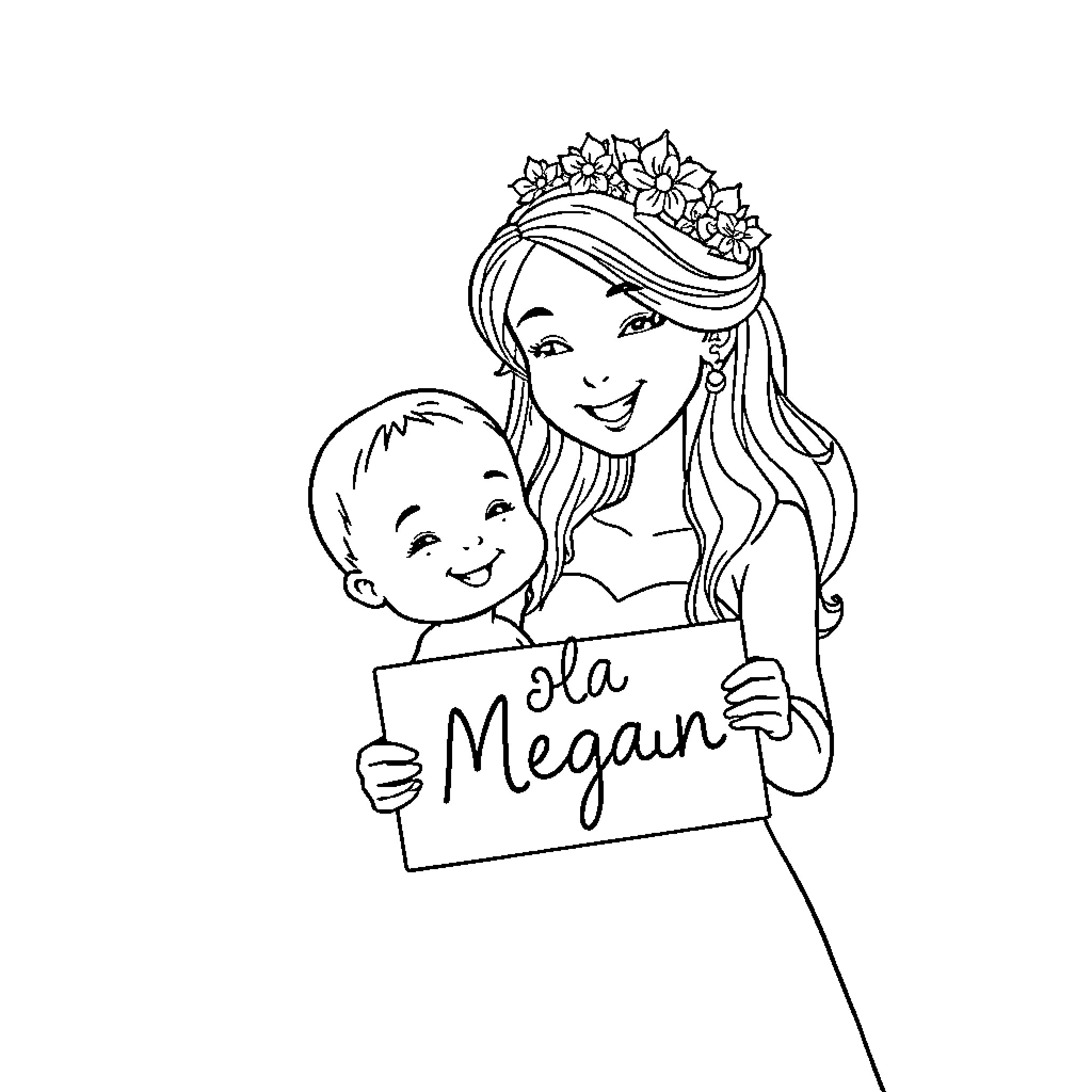 Bebe and Mother Holding Greeting Sign Coloring Page (free black-and-white line drawing printable PDF for all, from beginners to advanced learners, including children, teens, adults, and seniors)
