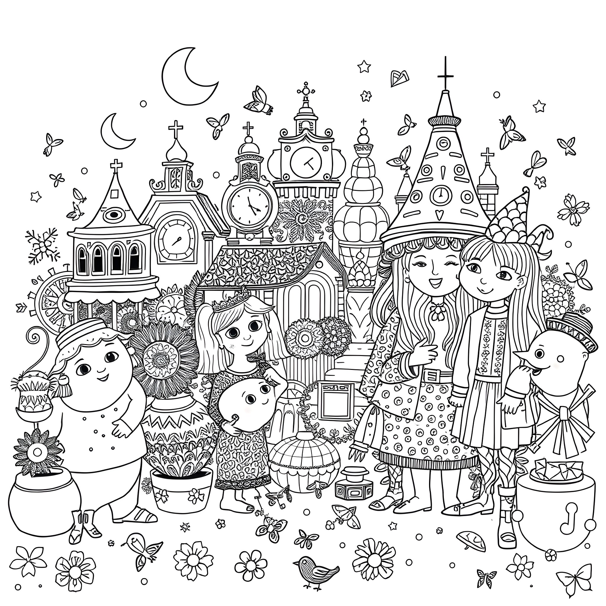 Grayson Perry's Whimsical Characters in a Fantastical Landscape Coloring Page (free black-and-white line drawing printable PDF for all, from beginners to advanced learners, including children, teens, adults, and seniors)